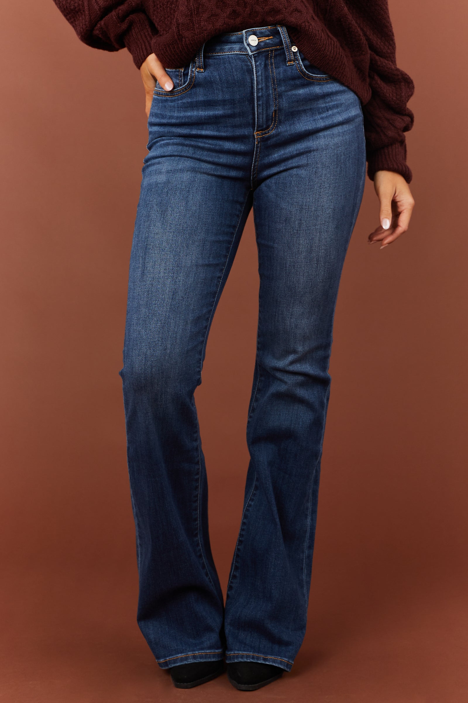 Ceros Dark Wash Super High Rise Flare Denim Jeans-Newayad