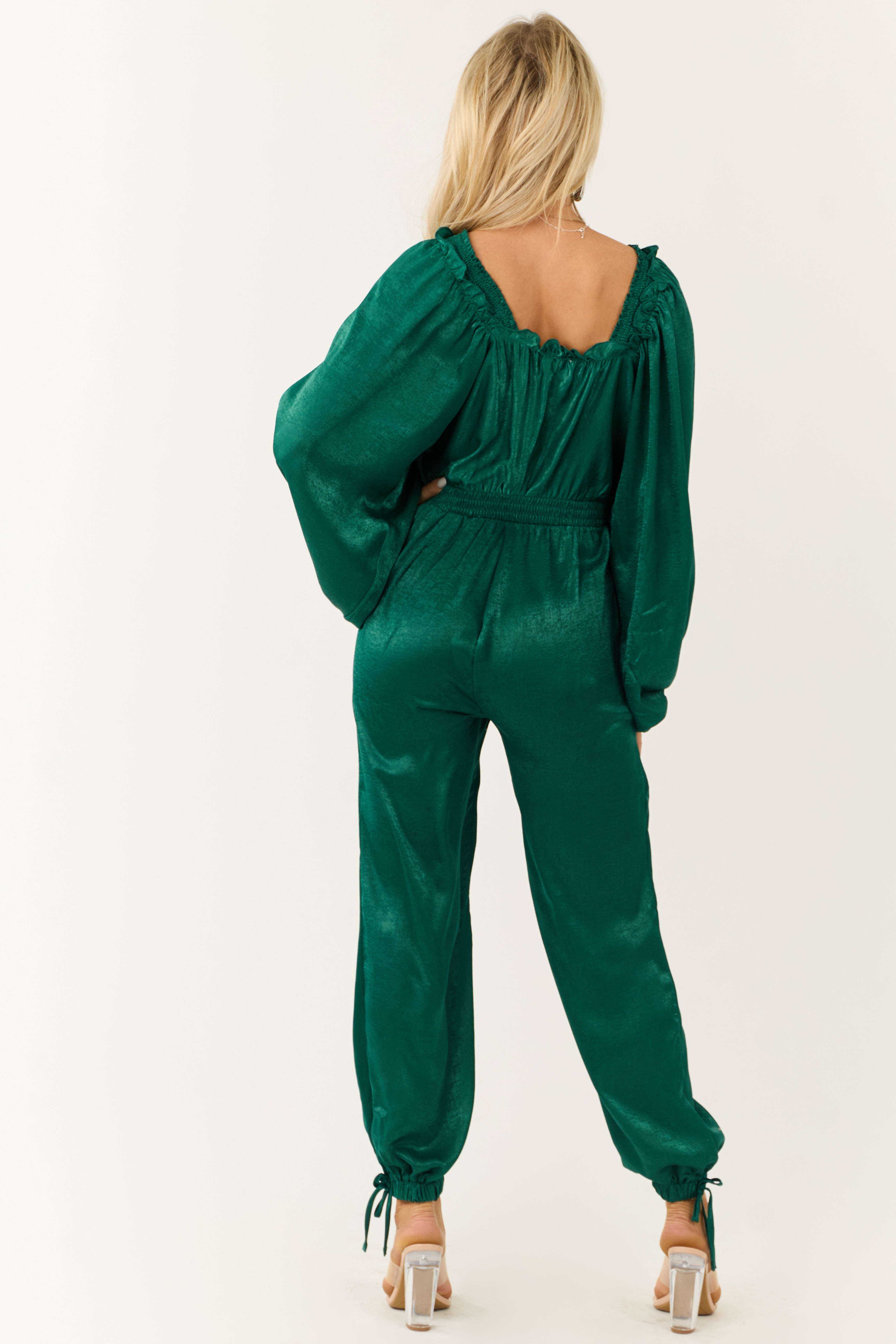 Emerald Textured Satin Deep V Neck Jumpsuit-Newayad