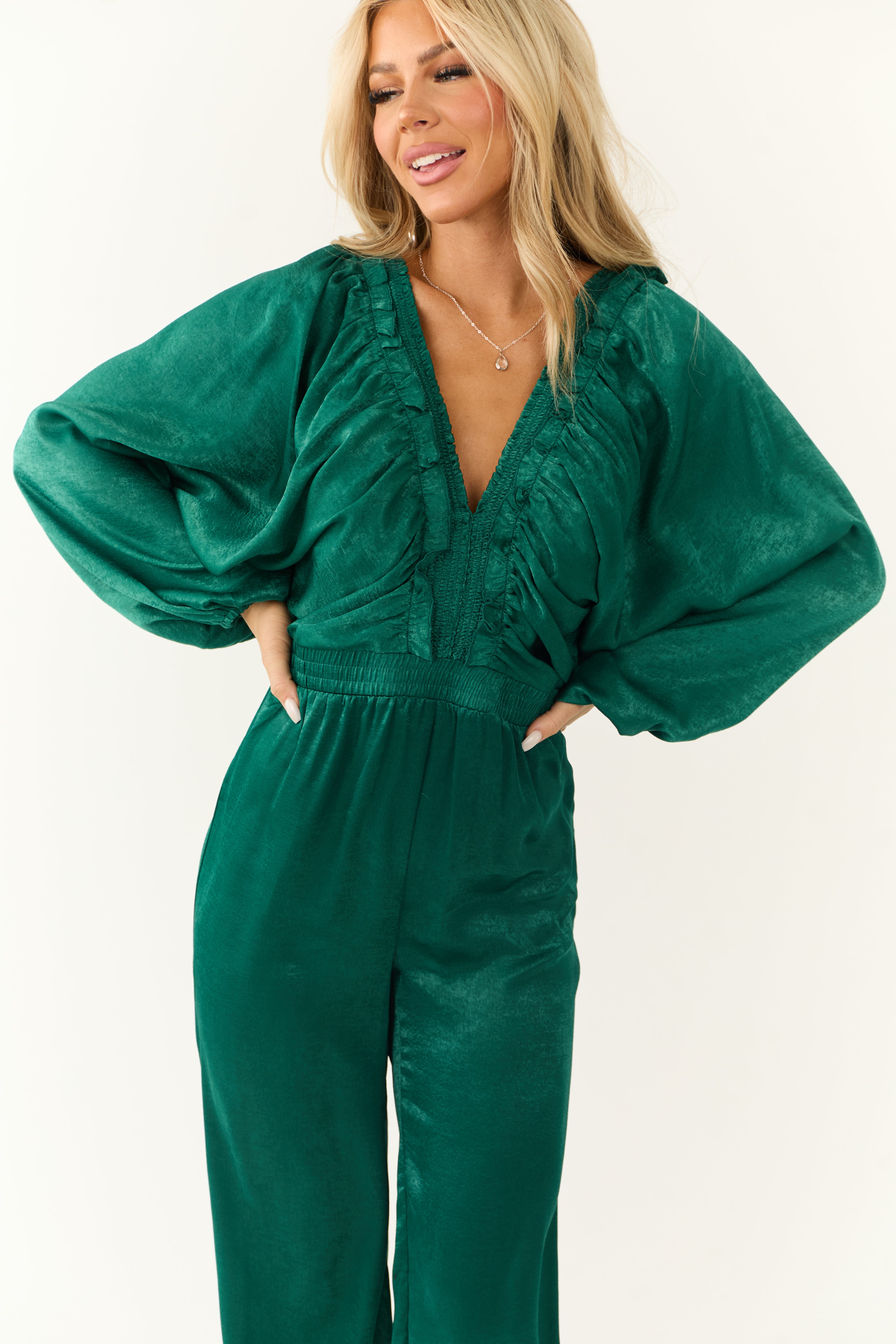 Emerald Textured Satin Deep V Neck Jumpsuit-Newayad