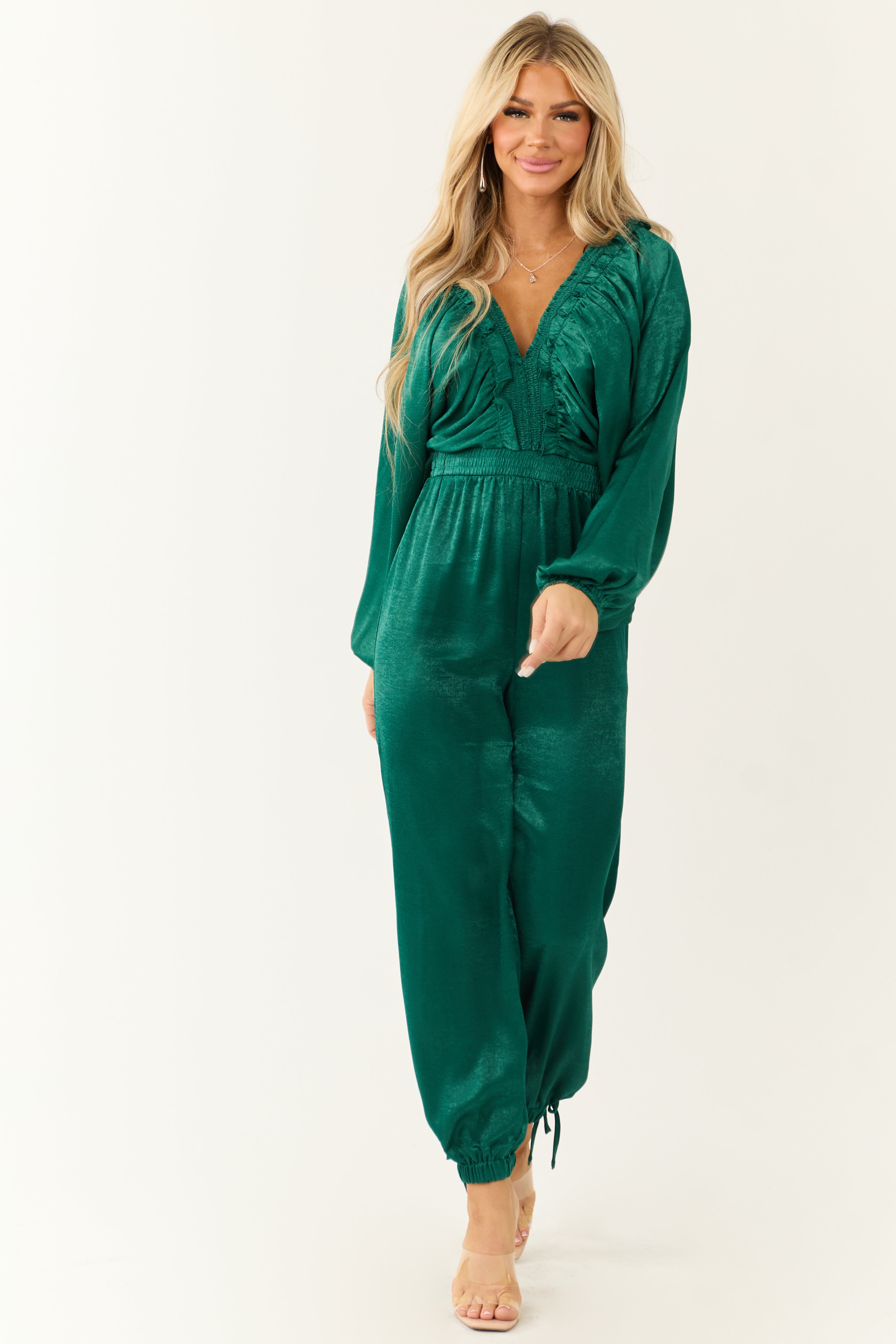 Emerald Textured Satin Deep V Neck Jumpsuit-Newayad