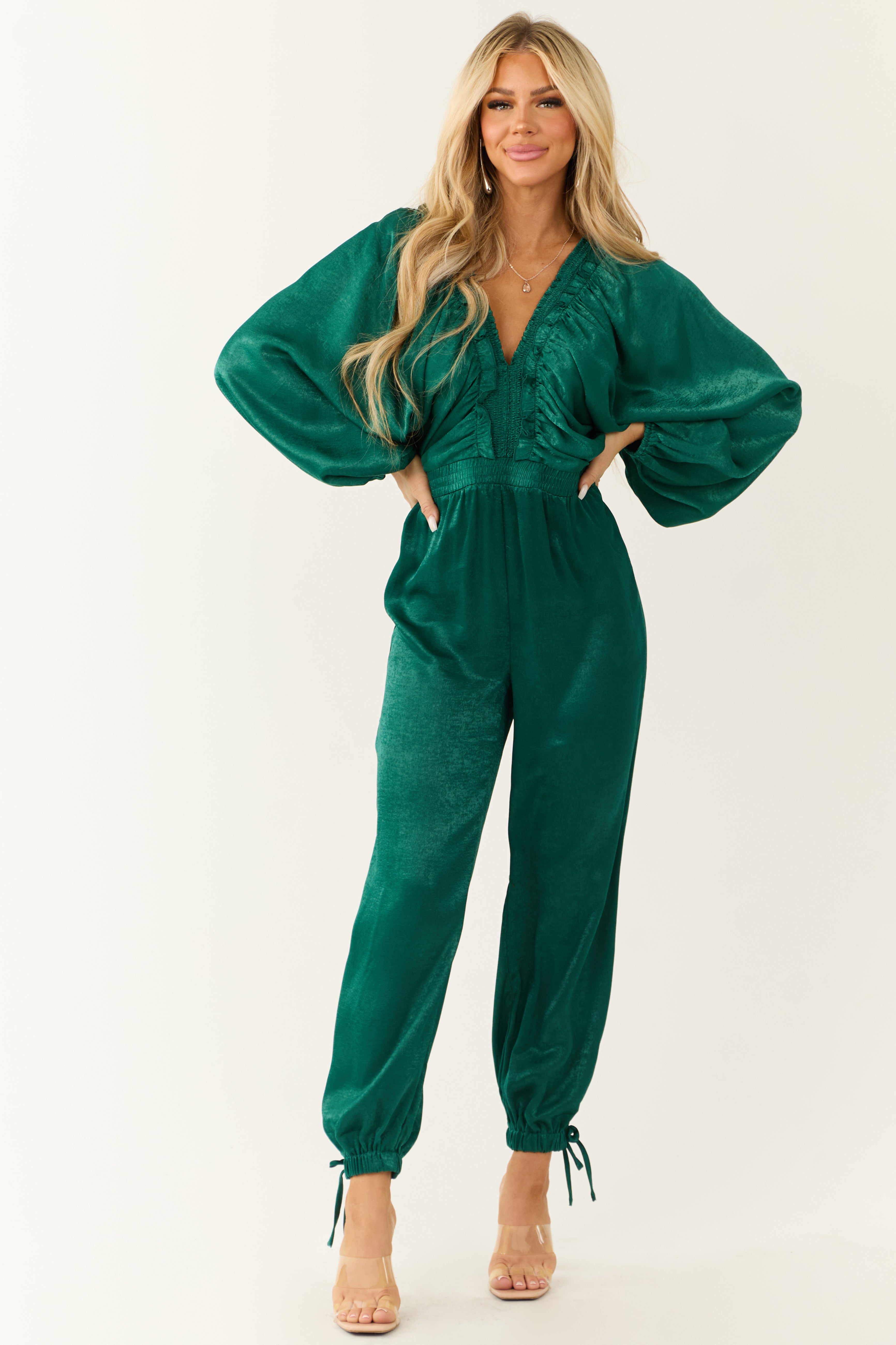 Emerald Textured Satin Deep V Neck Jumpsuit-Newayad