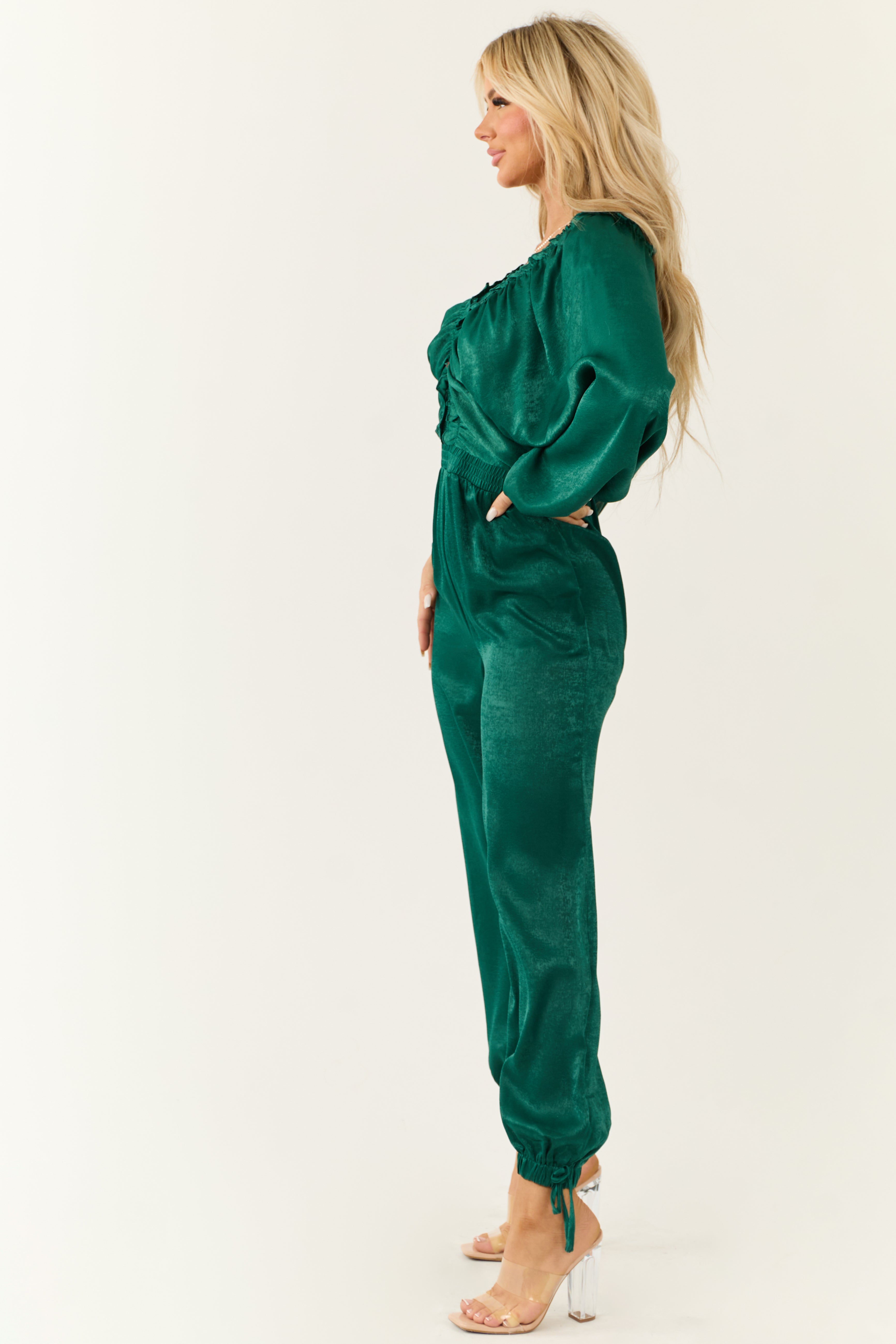 Emerald Textured Satin Deep V Neck Jumpsuit-Newayad