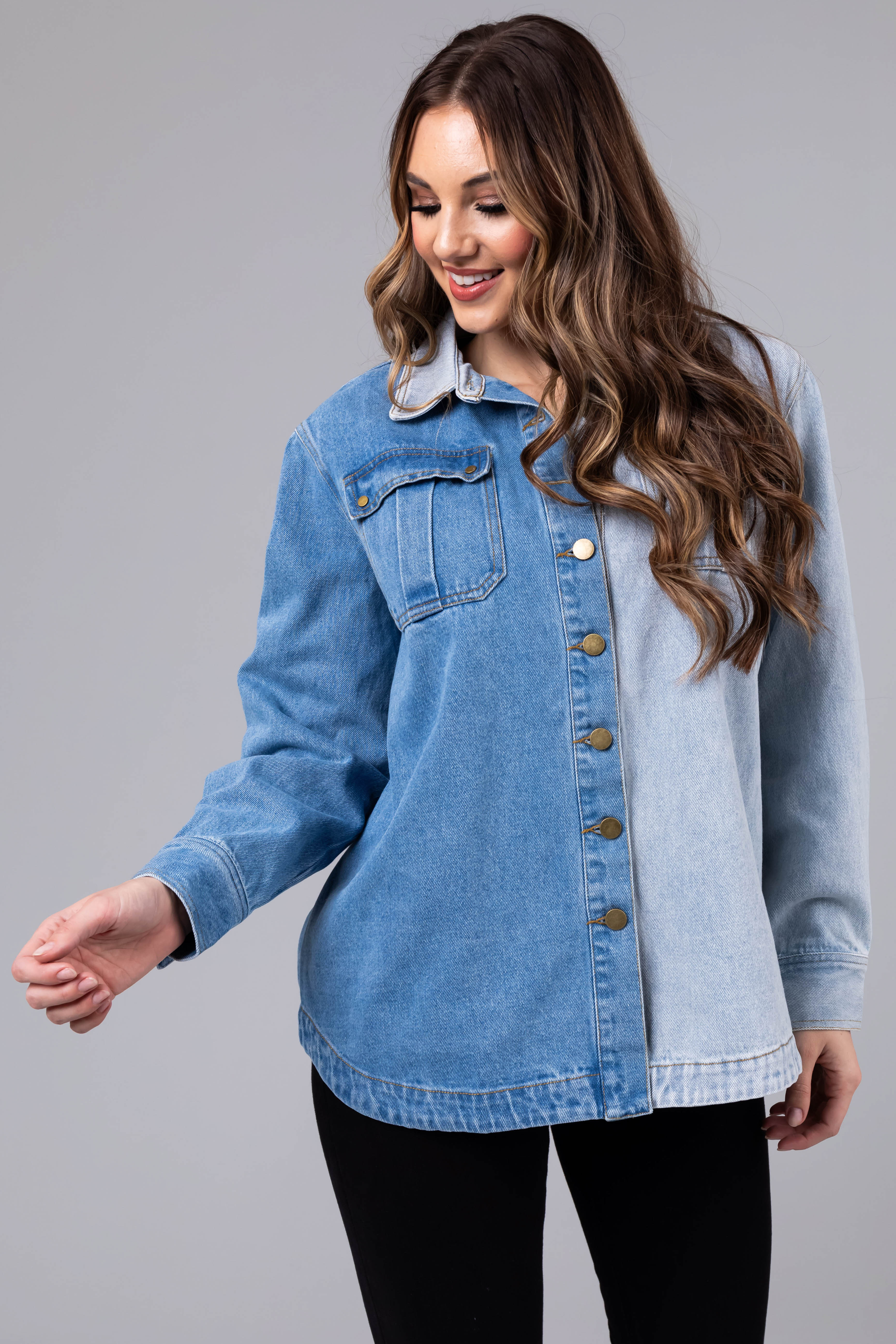 Denim Colorblock Button Down Shacket-Newayad