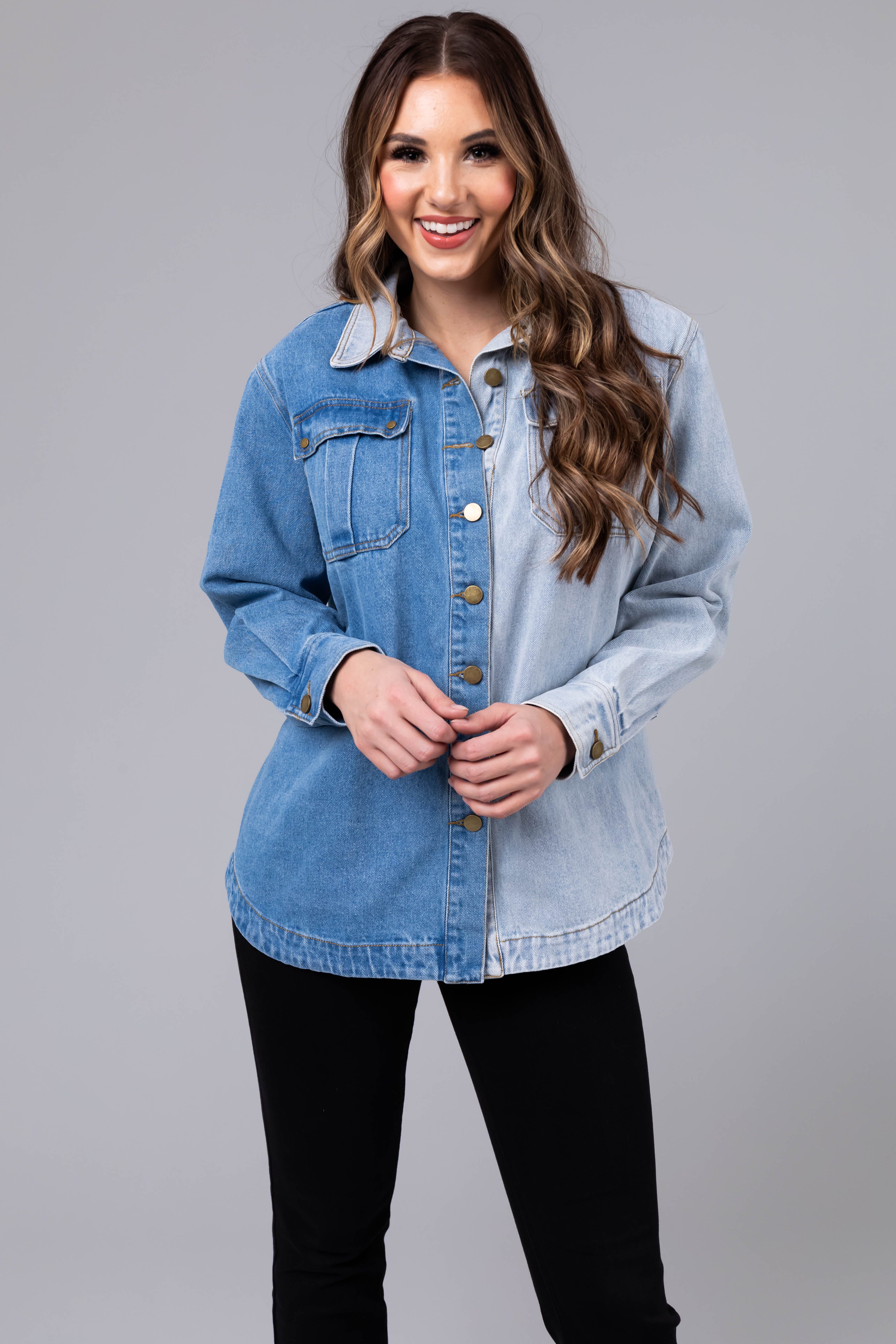 Denim Colorblock Button Down Shacket-Newayad