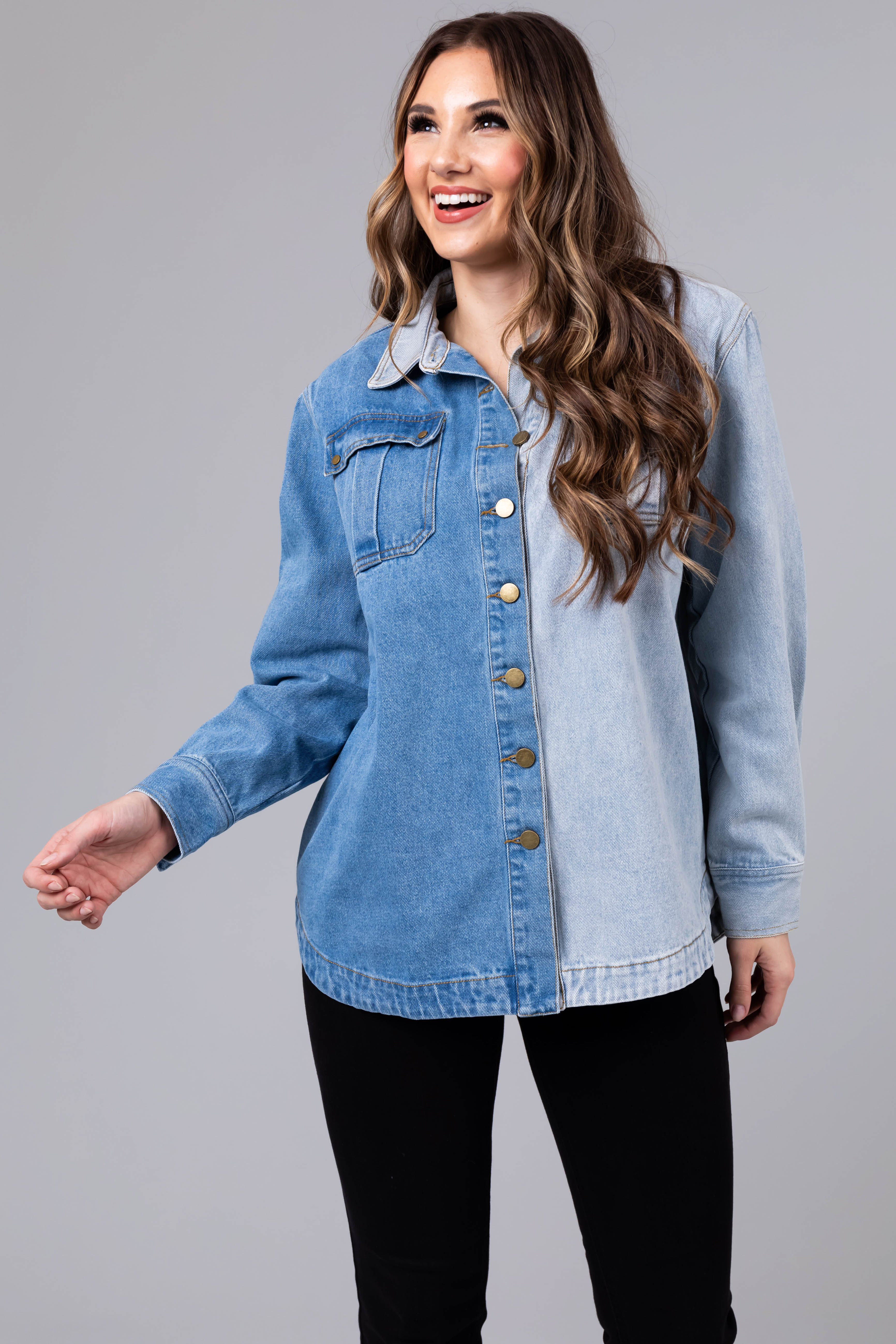 Denim Colorblock Button Down Shacket-Newayad