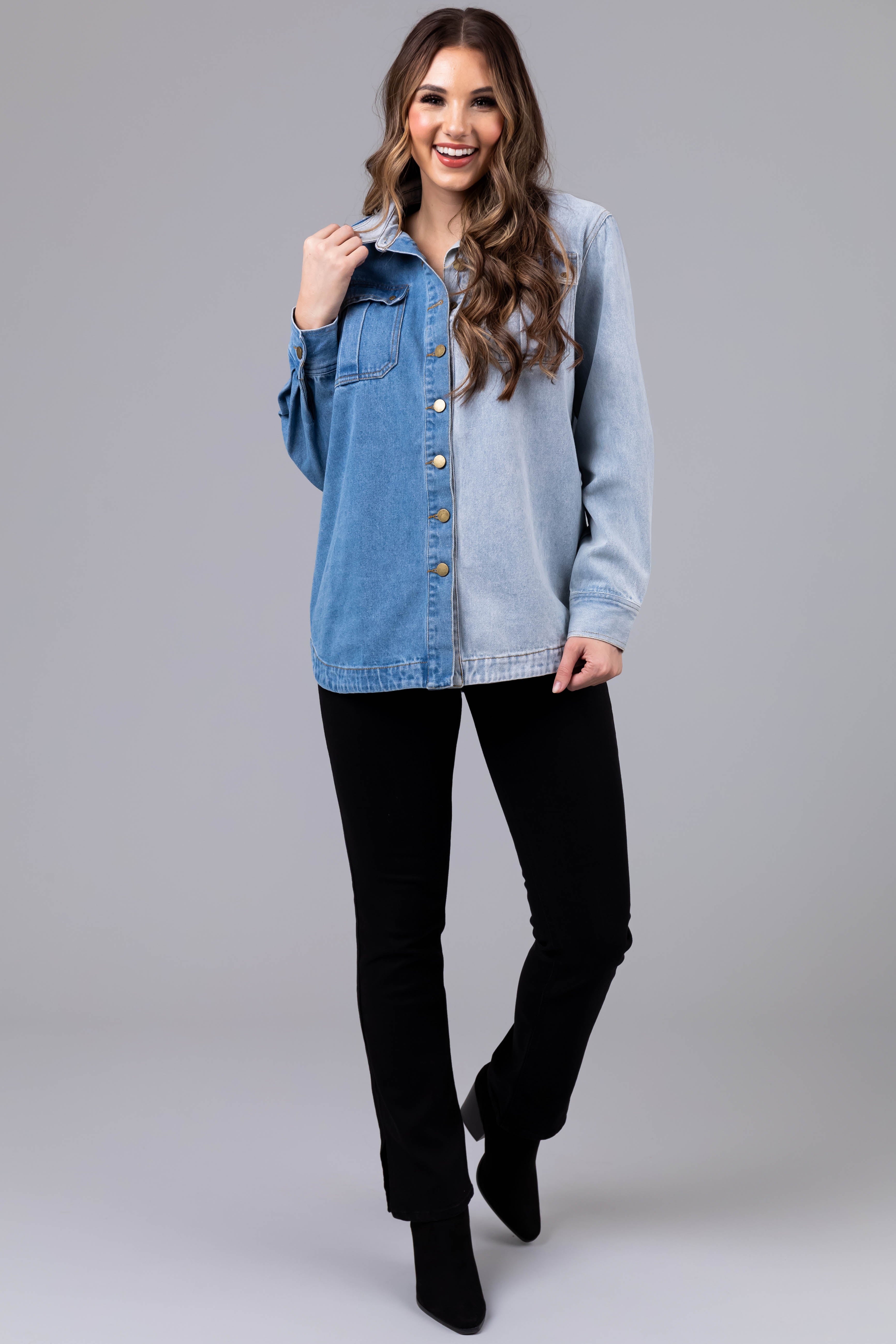 Denim Colorblock Button Down Shacket-Newayad