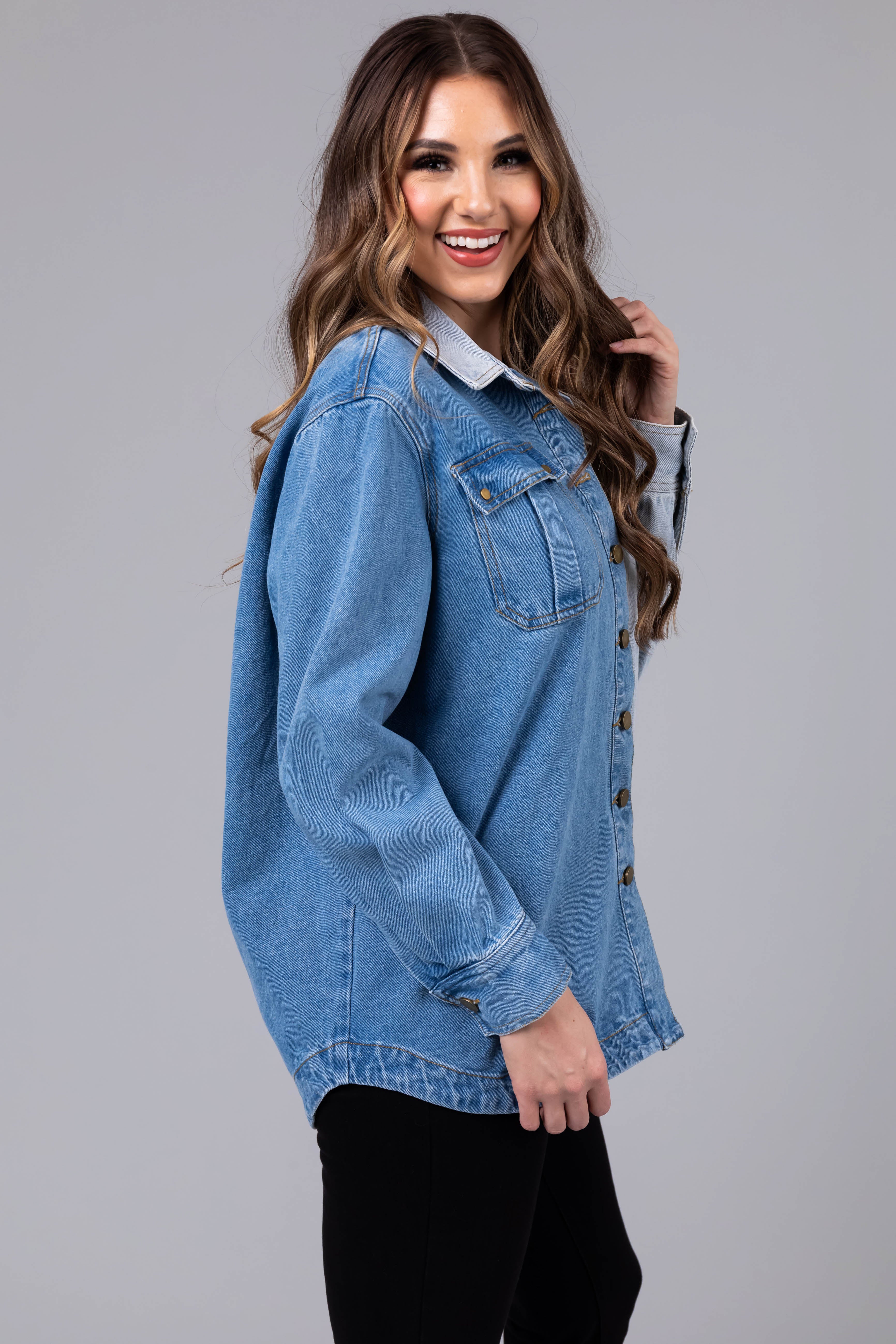 Denim Colorblock Button Down Shacket-Newayad