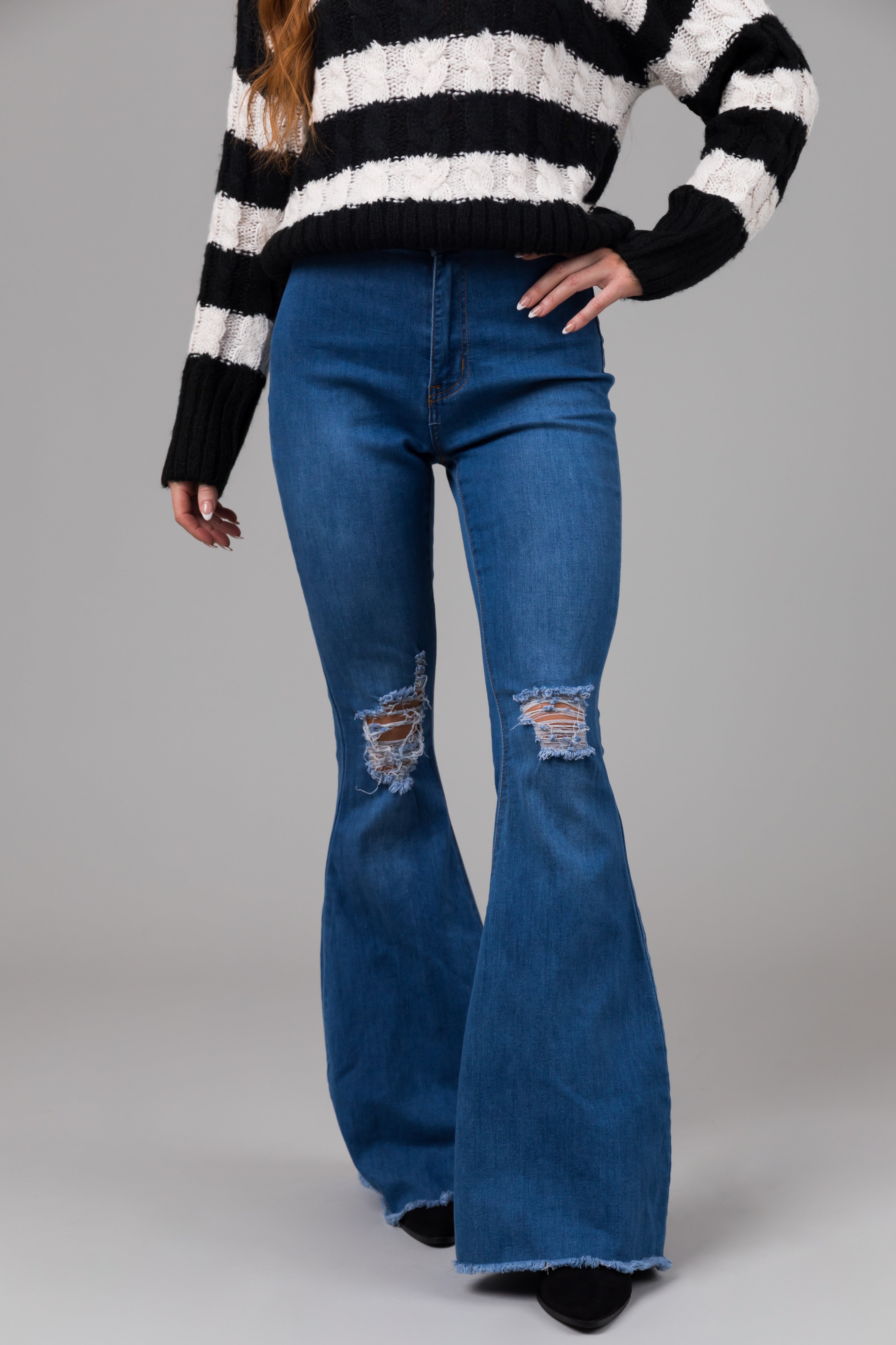 Denim Zone Hazel Dark Wash High Rise Flare Jeans-Newayad