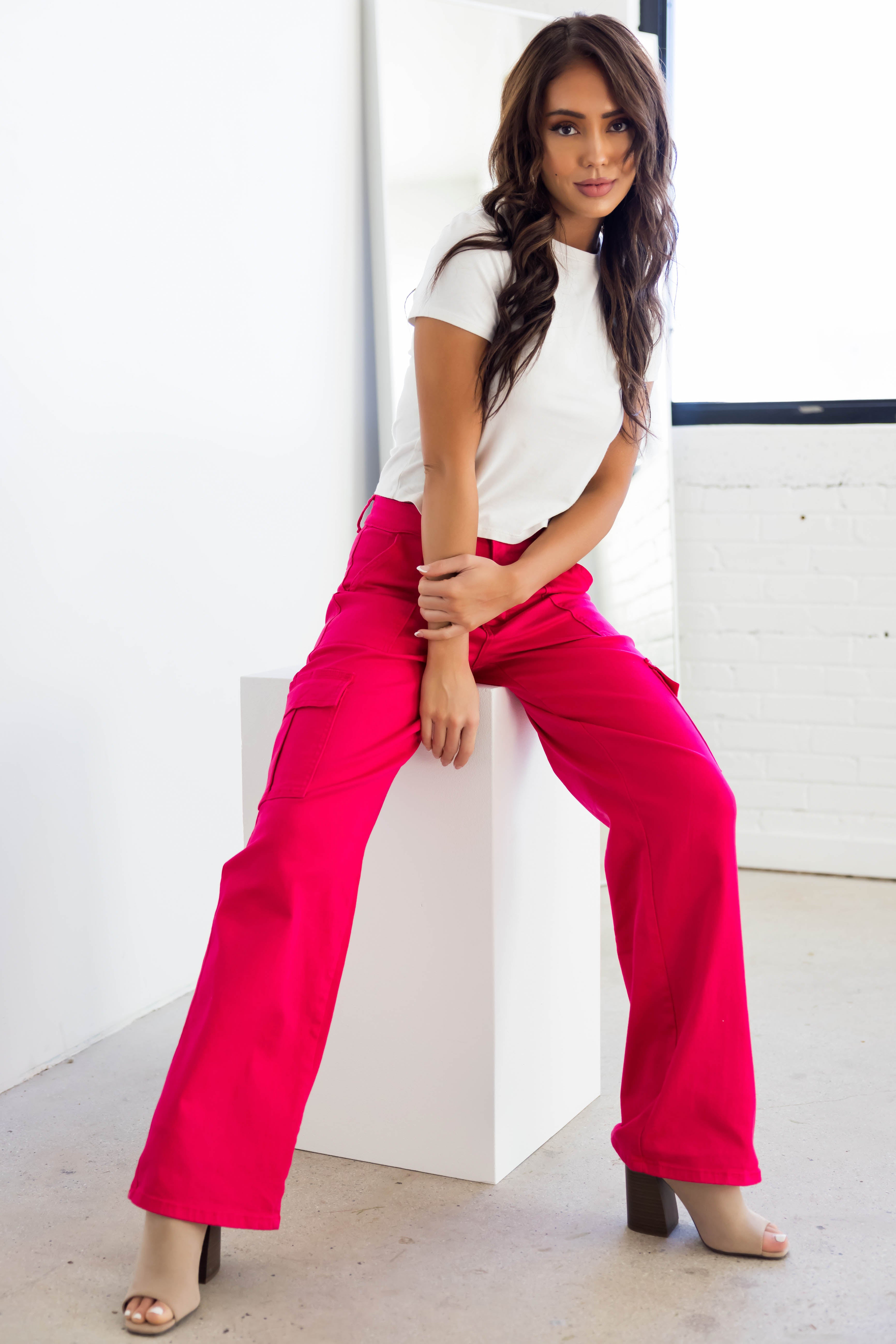 Denim Zone Hot Pink Super Stretchy Cargo Jeans-Newayad