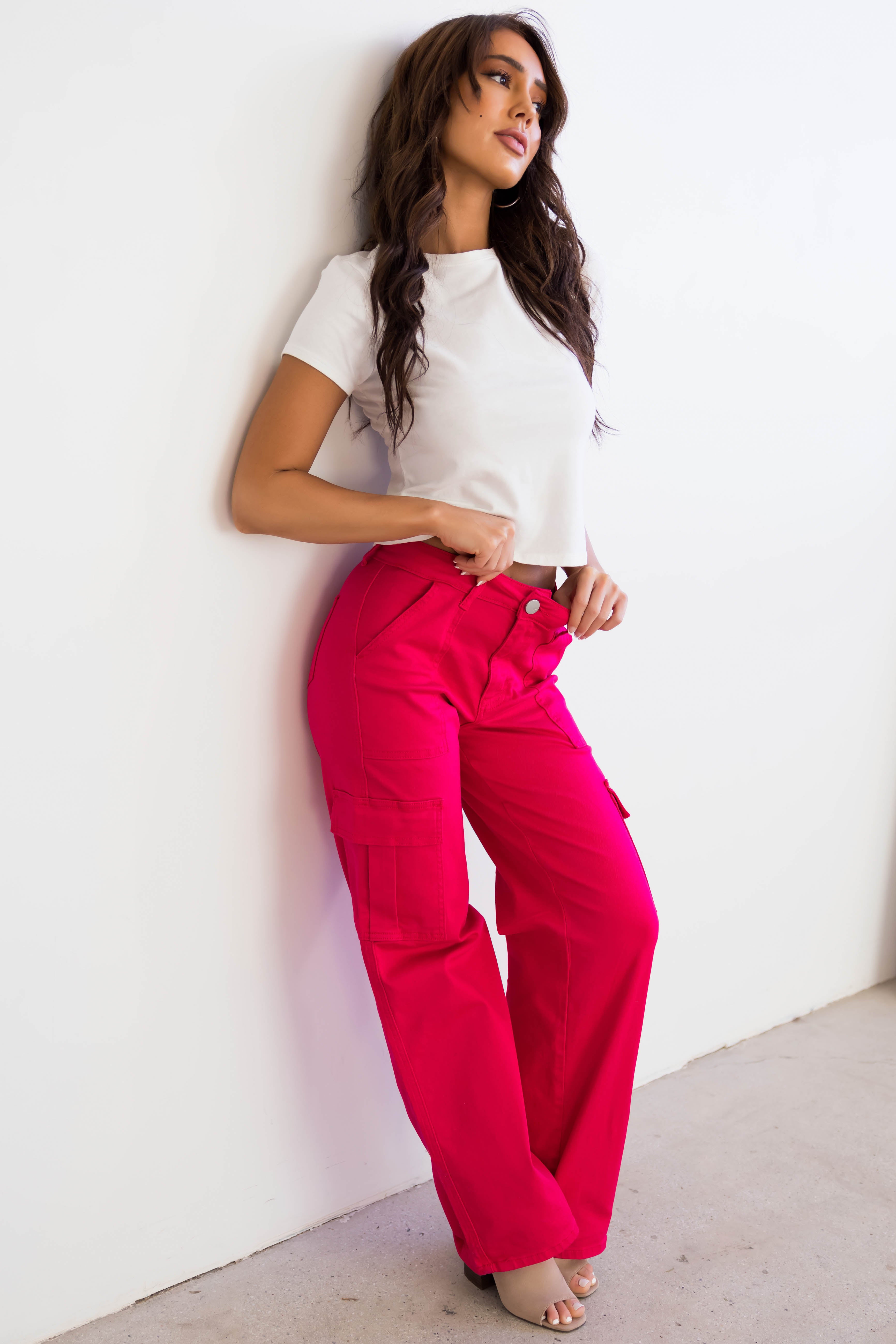 Denim Zone Hot Pink Super Stretchy Cargo Jeans-Newayad