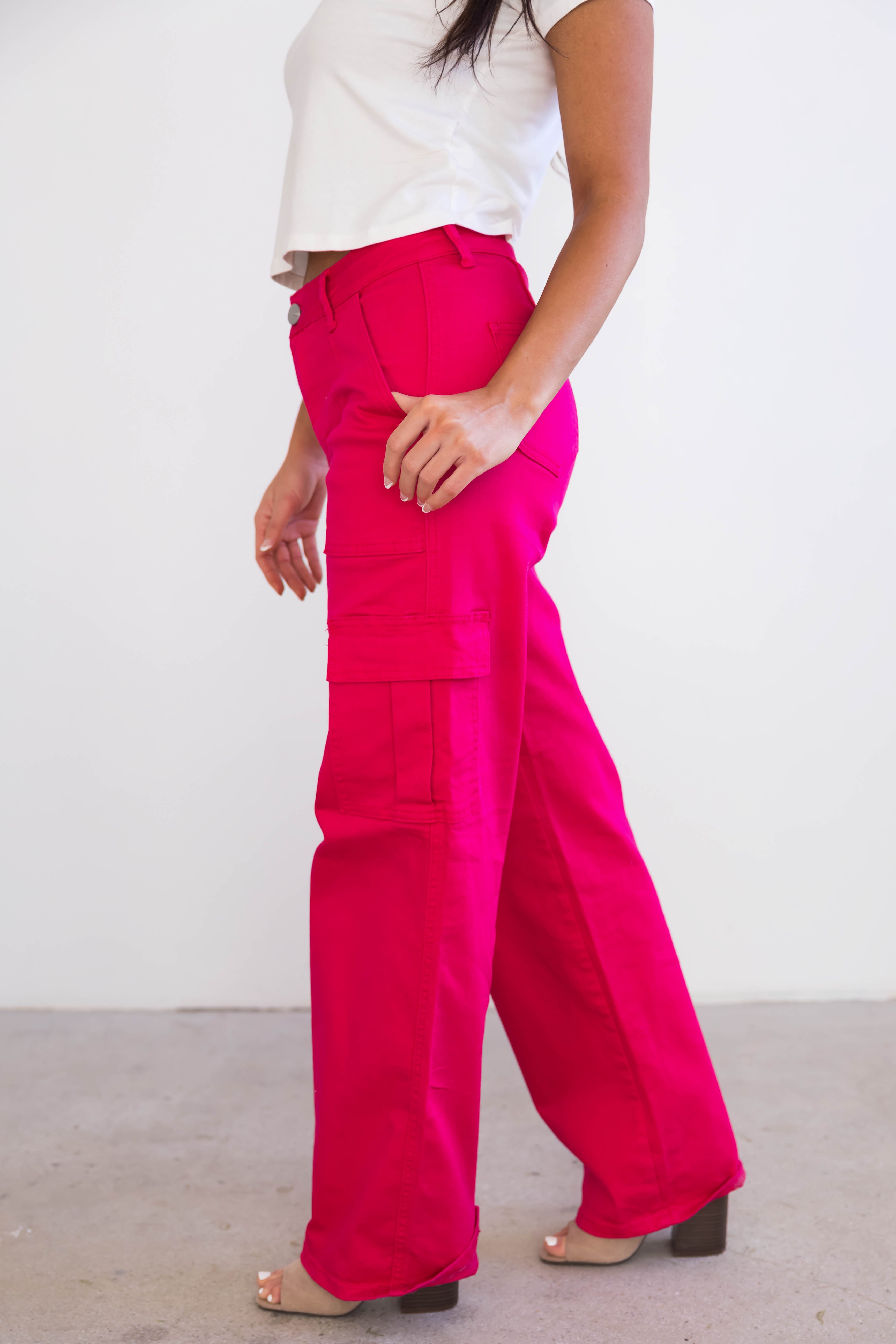 Denim Zone Hot Pink Super Stretchy Cargo Jeans-Newayad