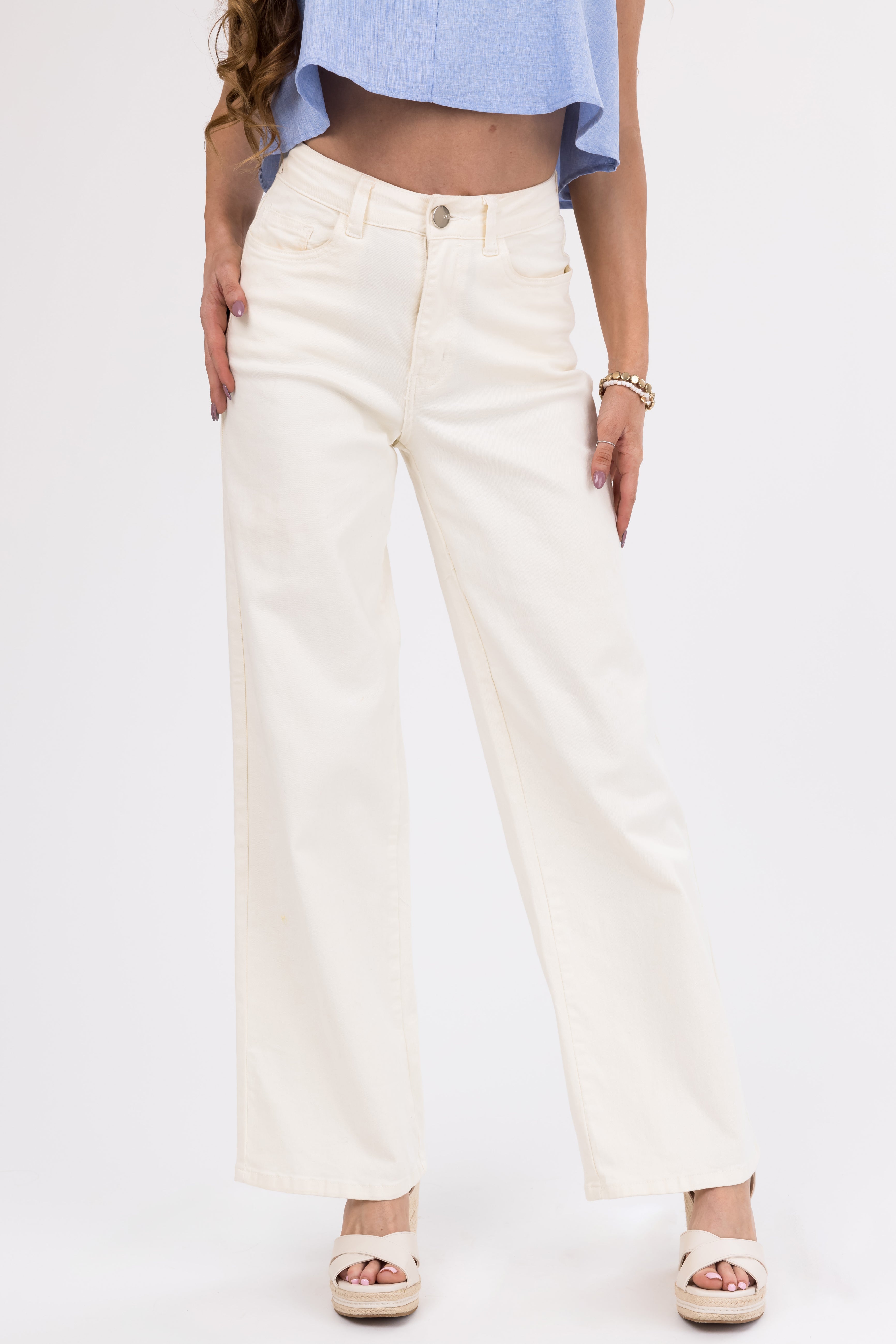Denim Zone Ivory Super Stretchy Wide Leg Jeans-Newayad