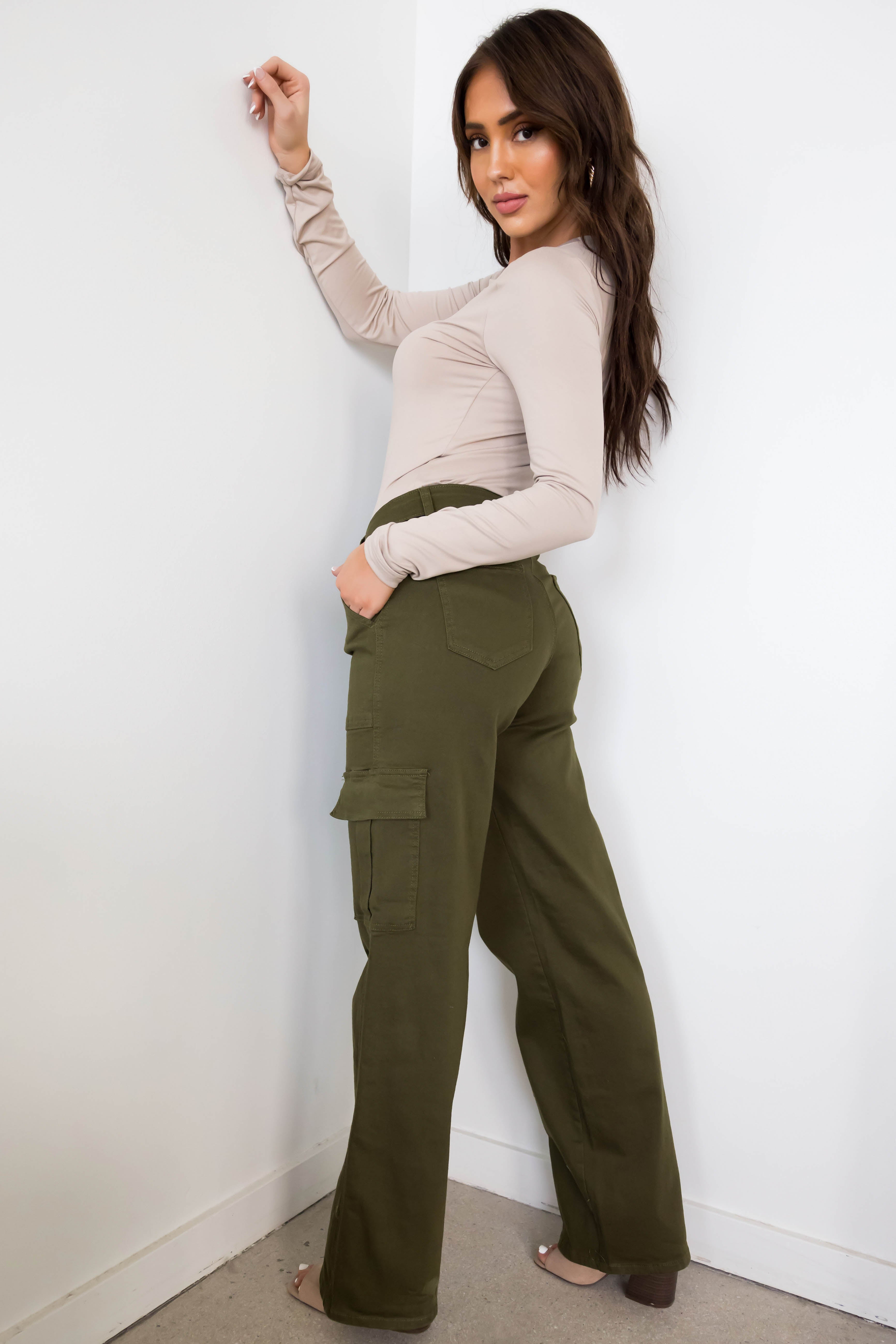 Denim Zone Olive Super Stretchy Cargo Jeans-Newayad