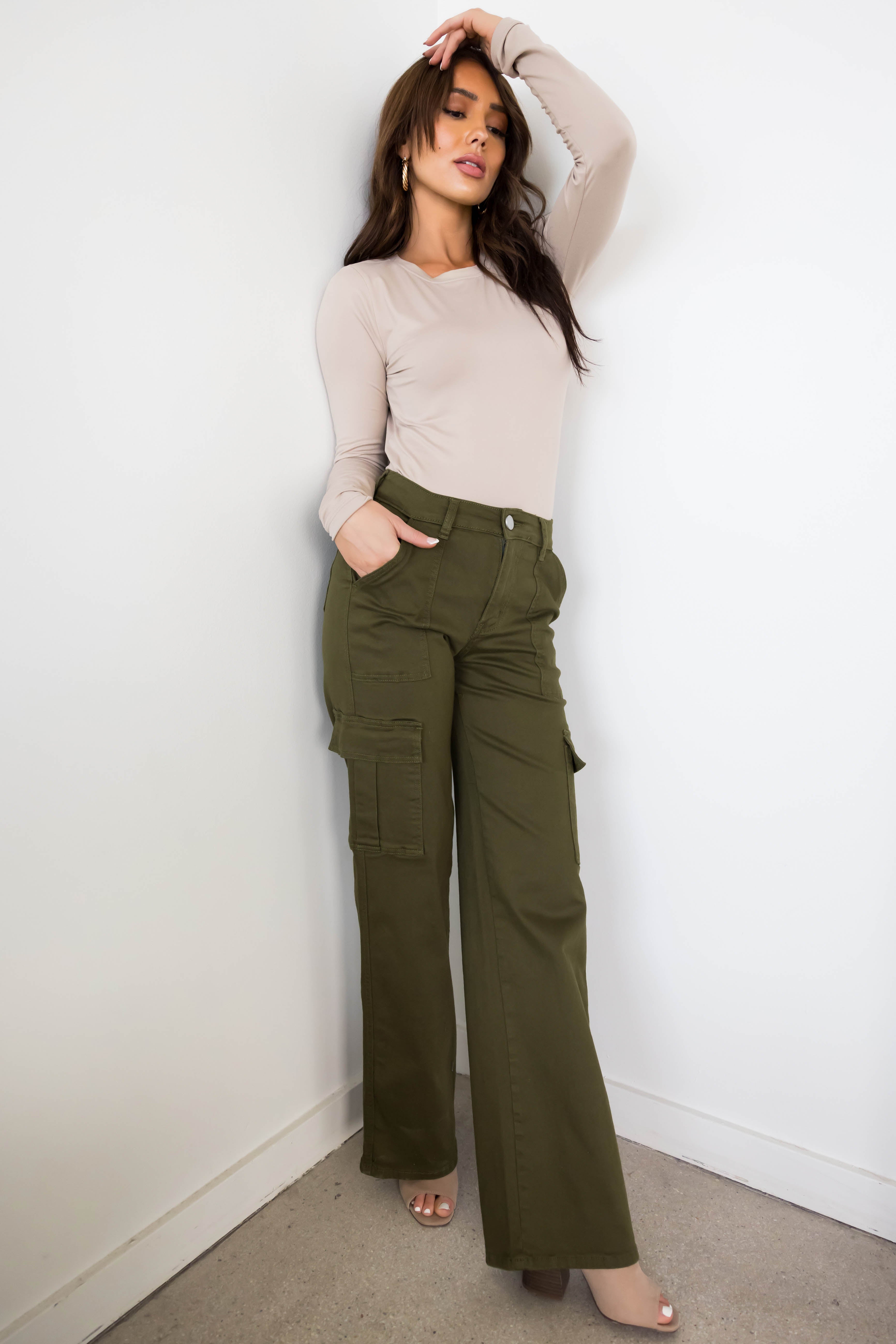 Denim Zone Olive Super Stretchy Cargo Jeans-Newayad