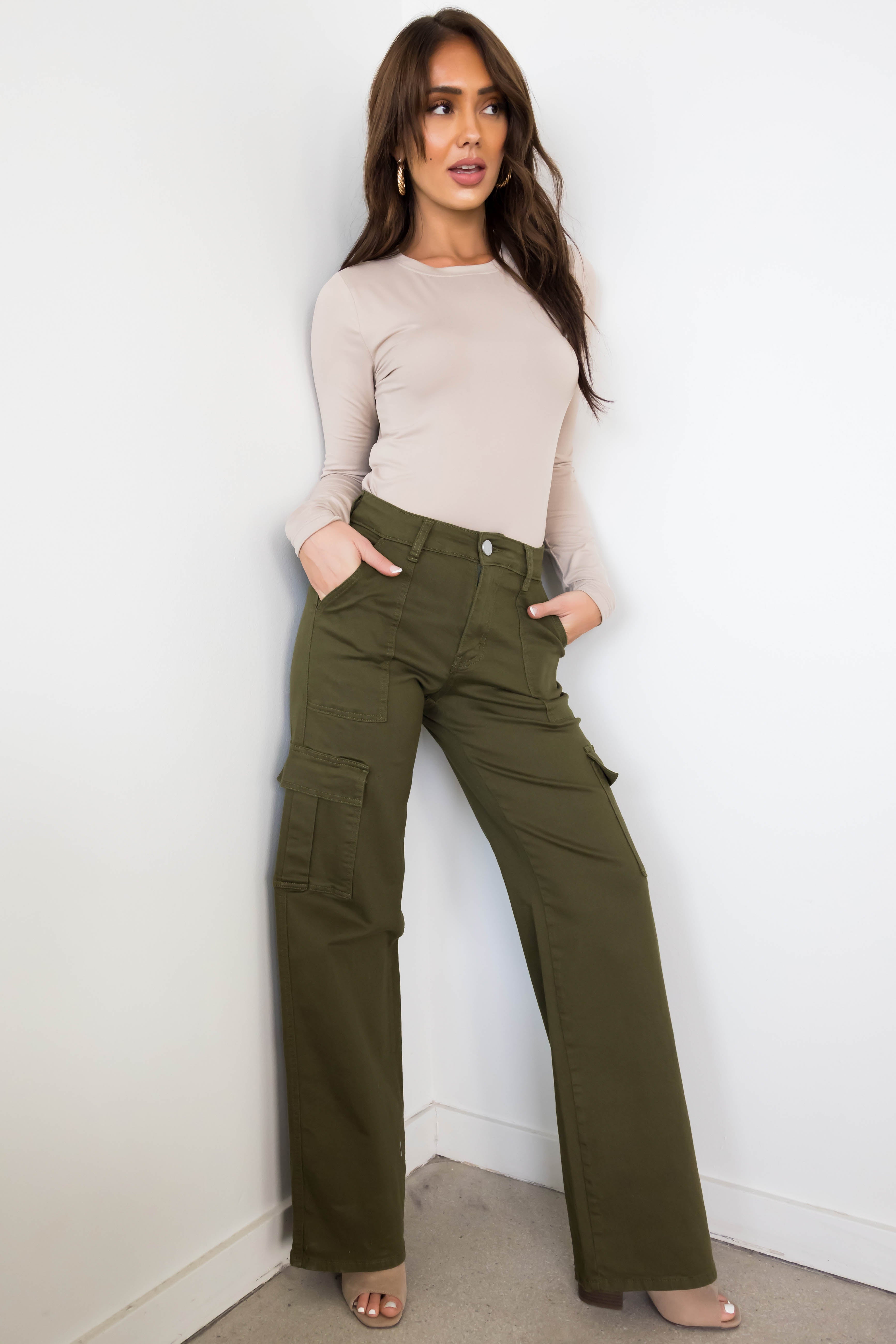 Denim Zone Olive Super Stretchy Cargo Jeans-Newayad