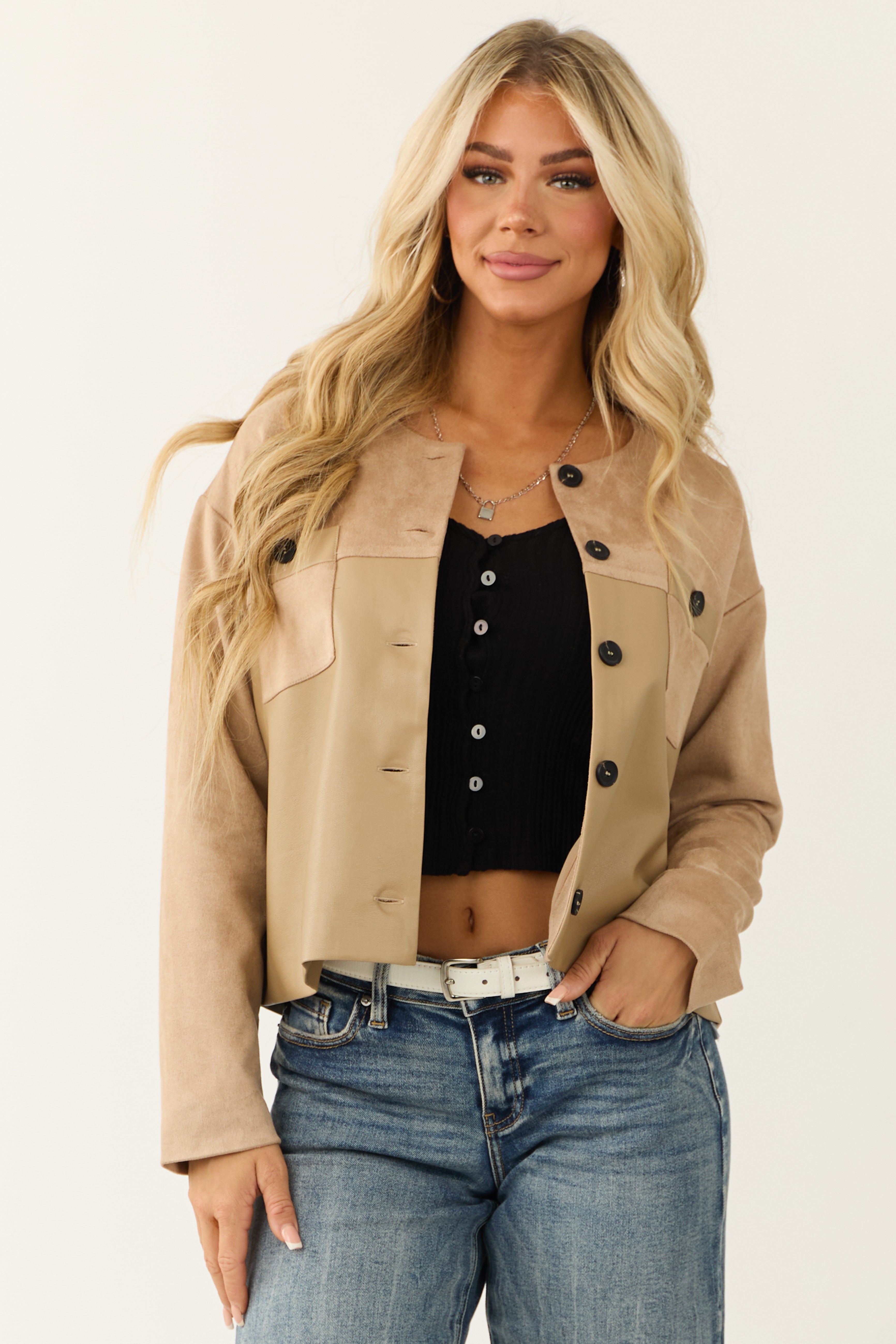 Desert Sand Faux Suede and Leather Jacket-Newayad