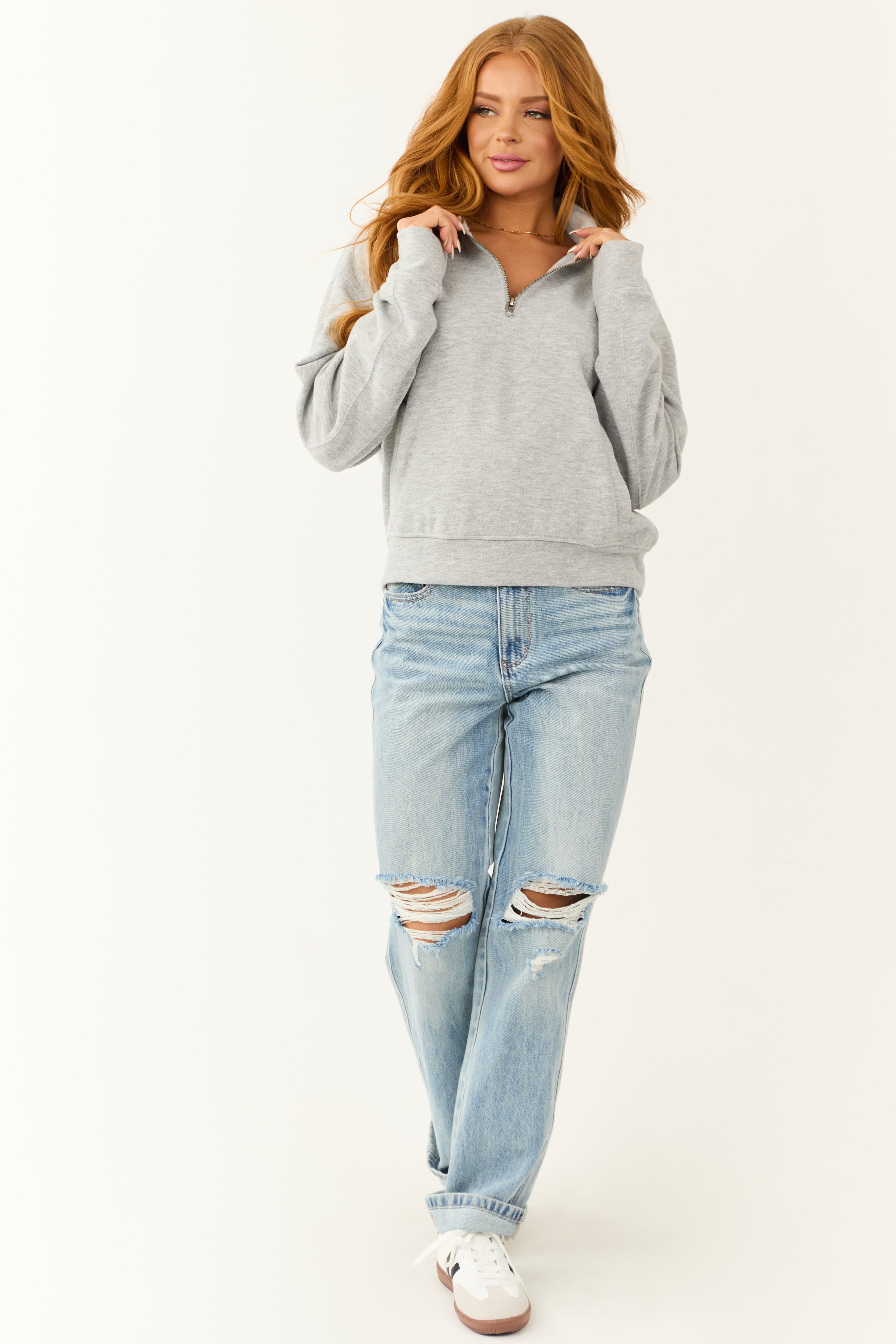 Dove Grey Half Zip Up Knit Long Sleeve Sweatshirt-Newayad