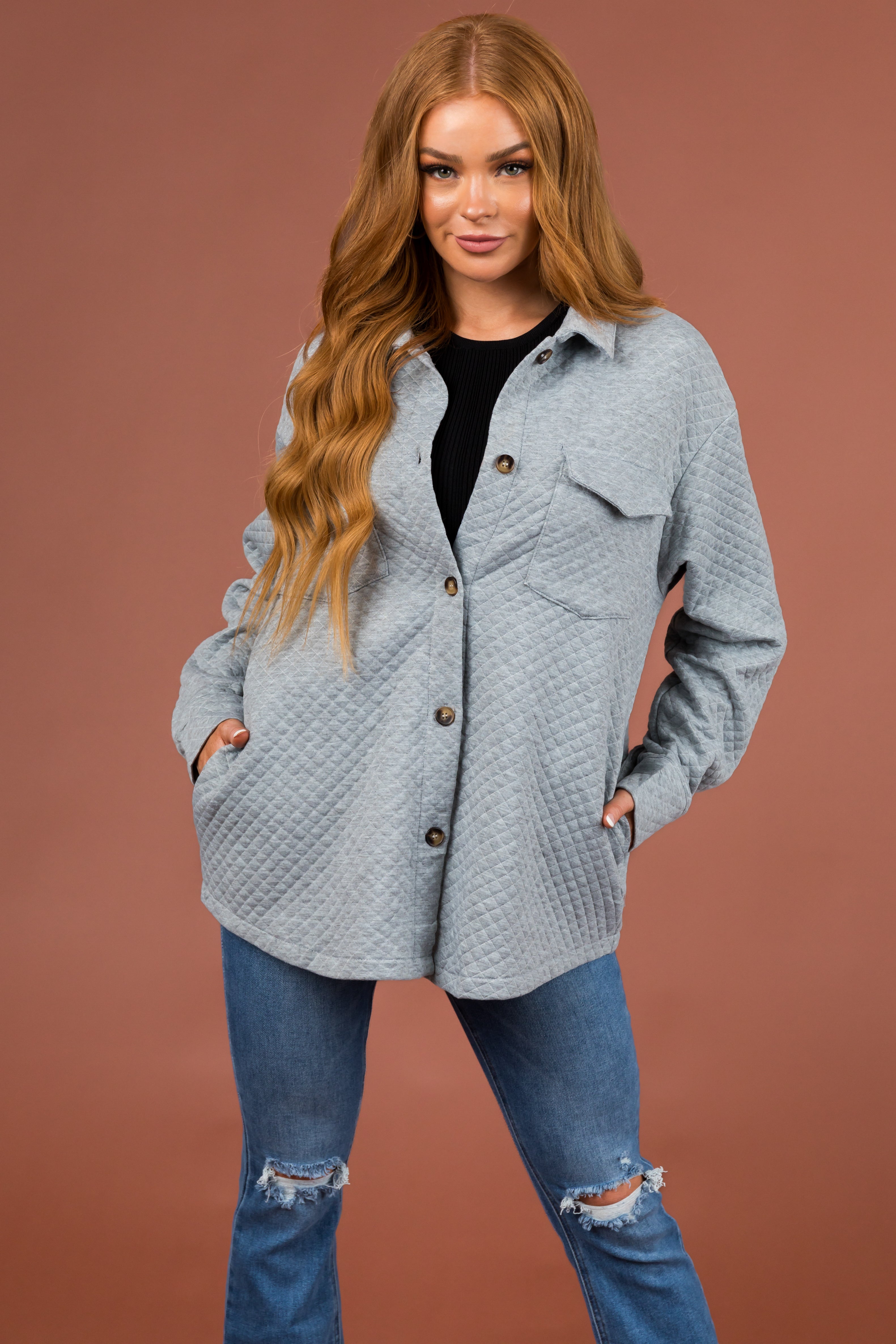 Dove Grey Lattice Quilted Chest Pocket Shacket-Newayad