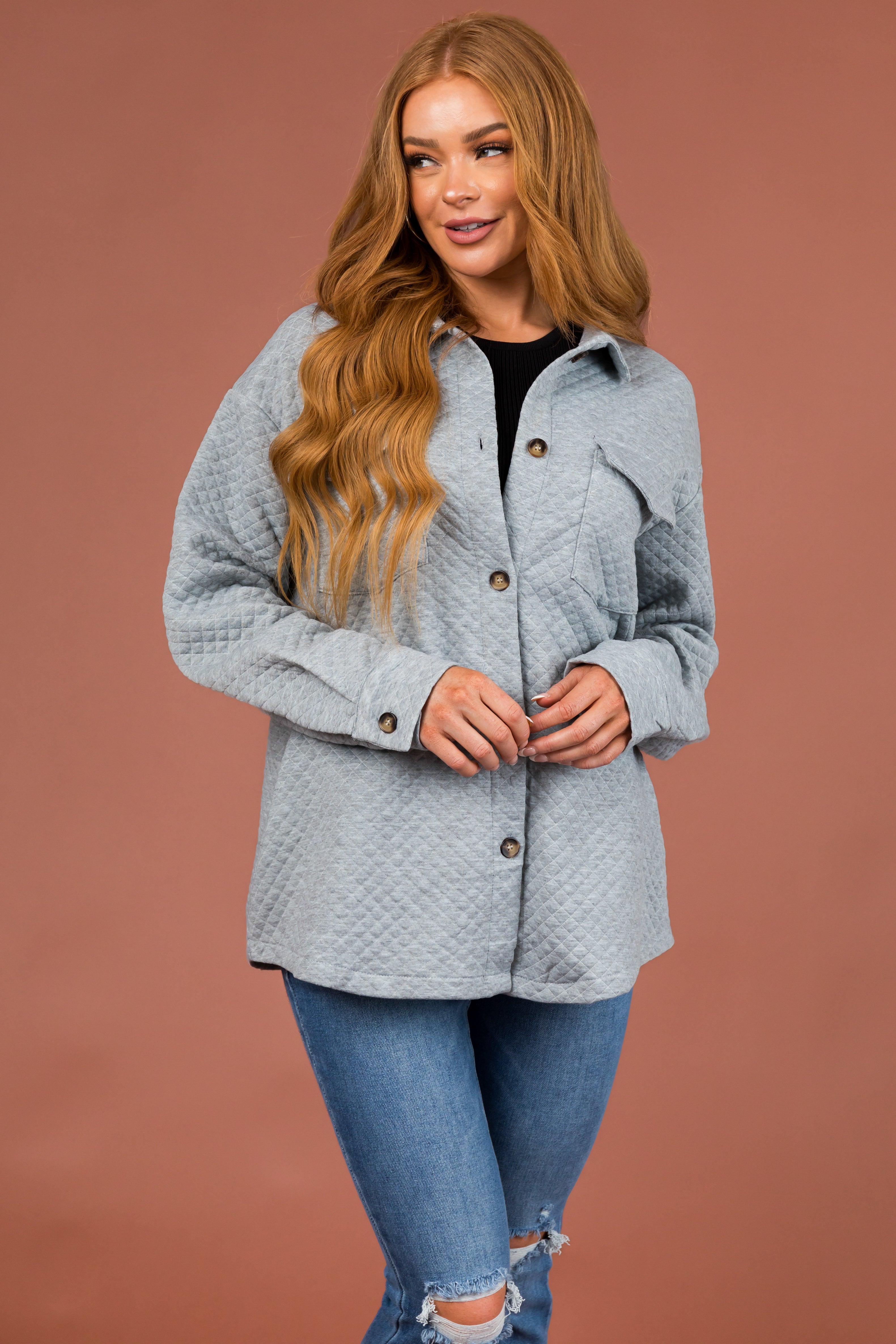 Dove Grey Lattice Quilted Chest Pocket Shacket-Newayad
