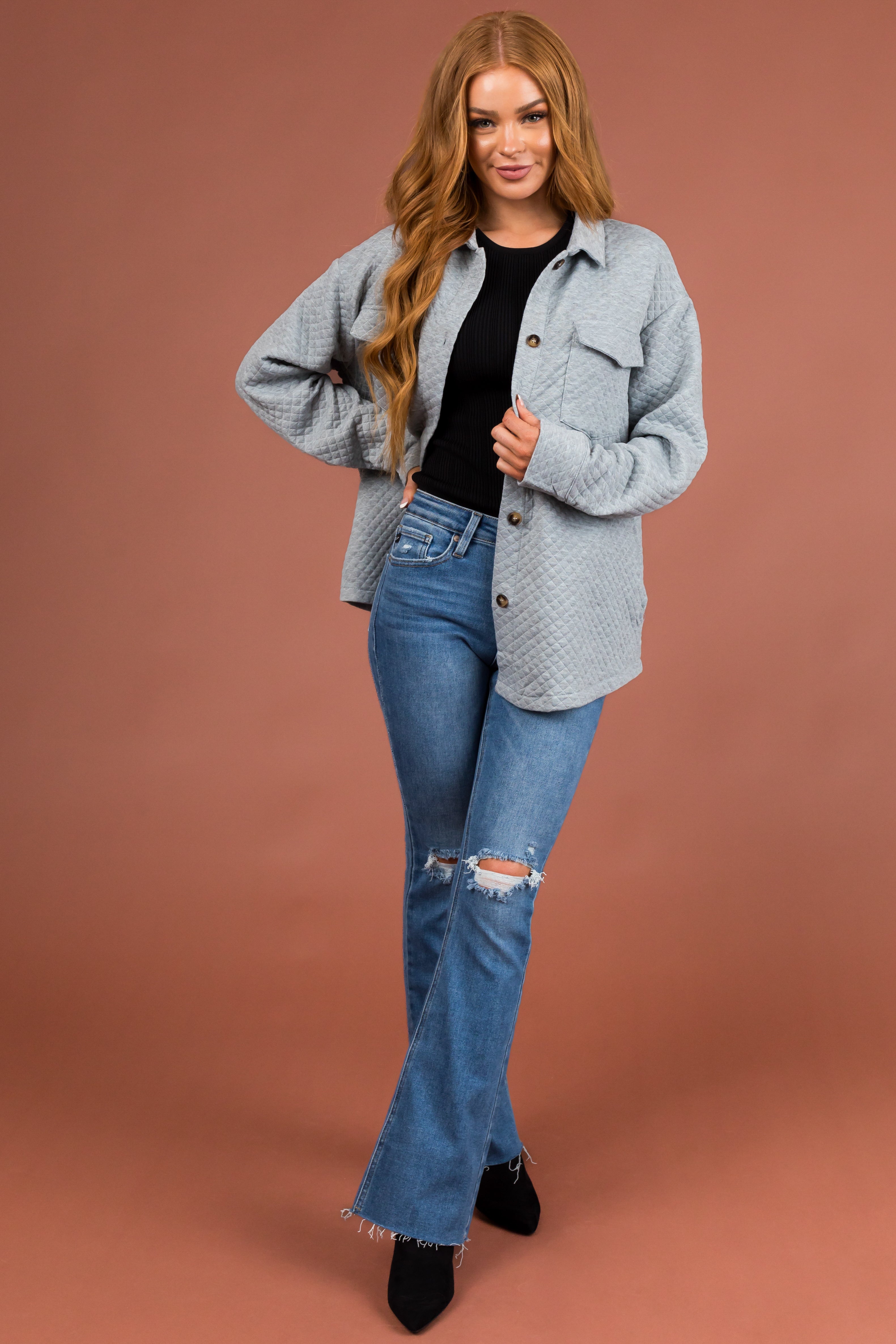 Dove Grey Lattice Quilted Chest Pocket Shacket-Newayad