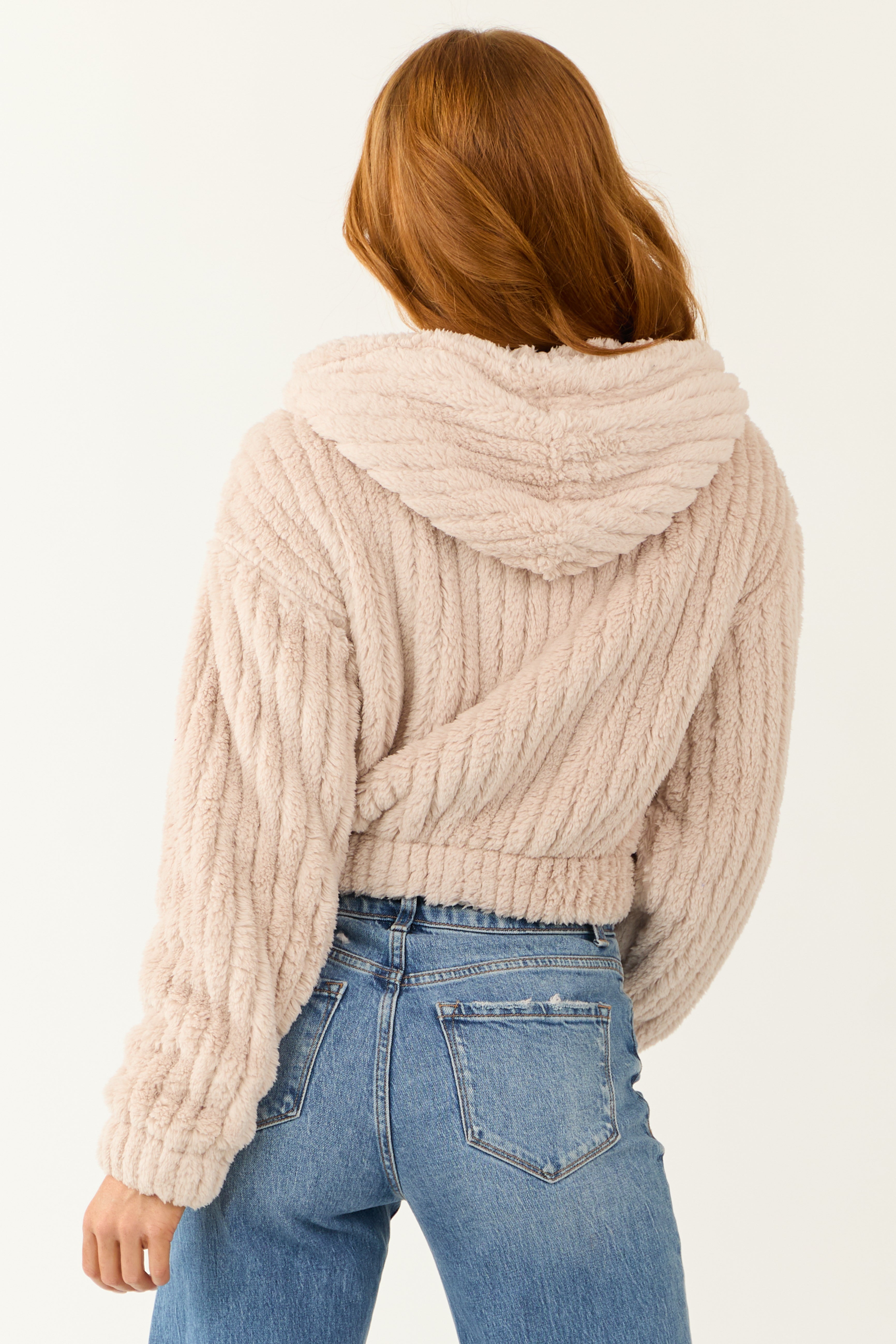 Dusty Blush Hooded Ribbed Faux Fur Jacket-Newayad