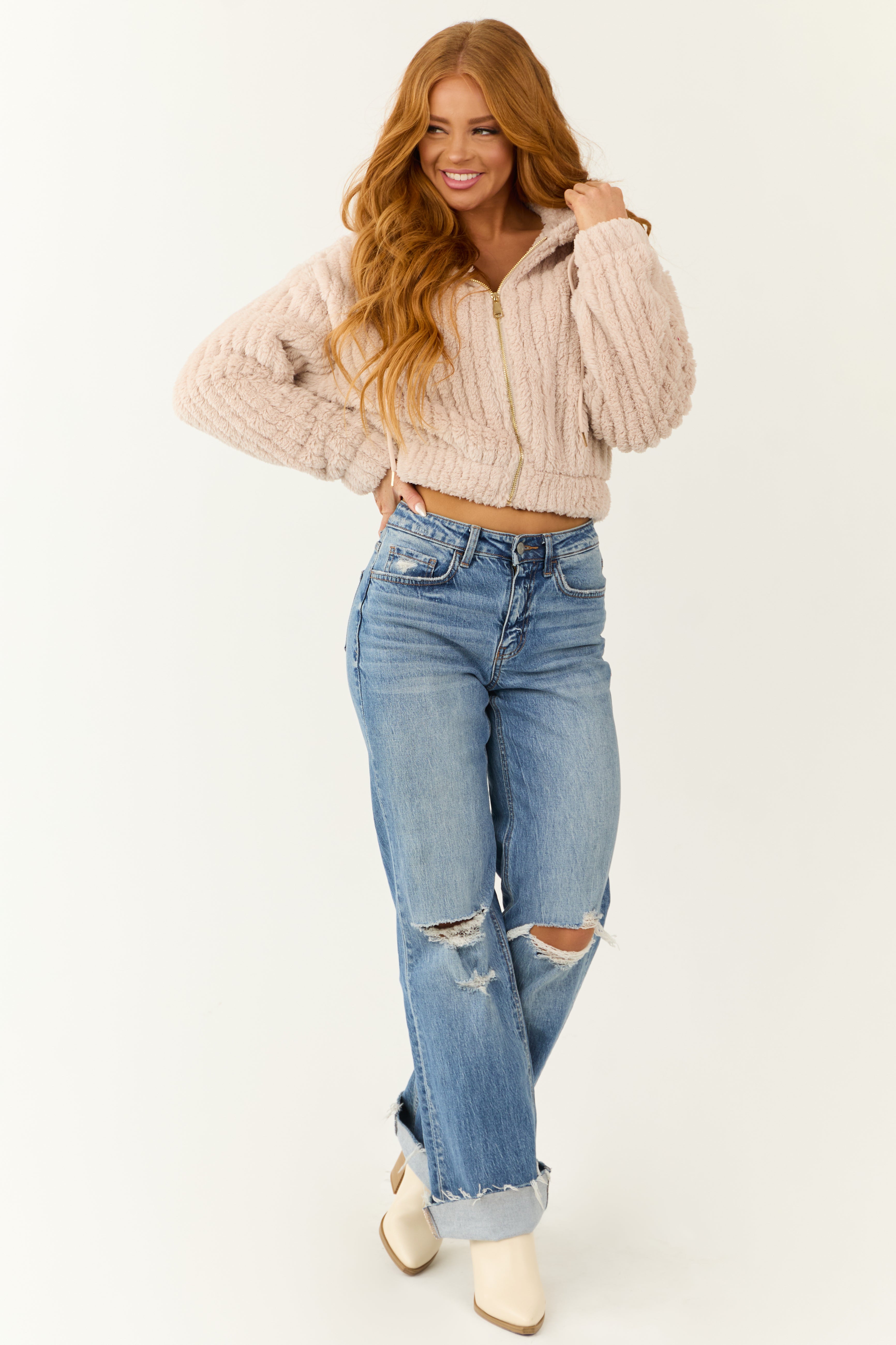 Dusty Blush Hooded Ribbed Faux Fur Jacket-Newayad