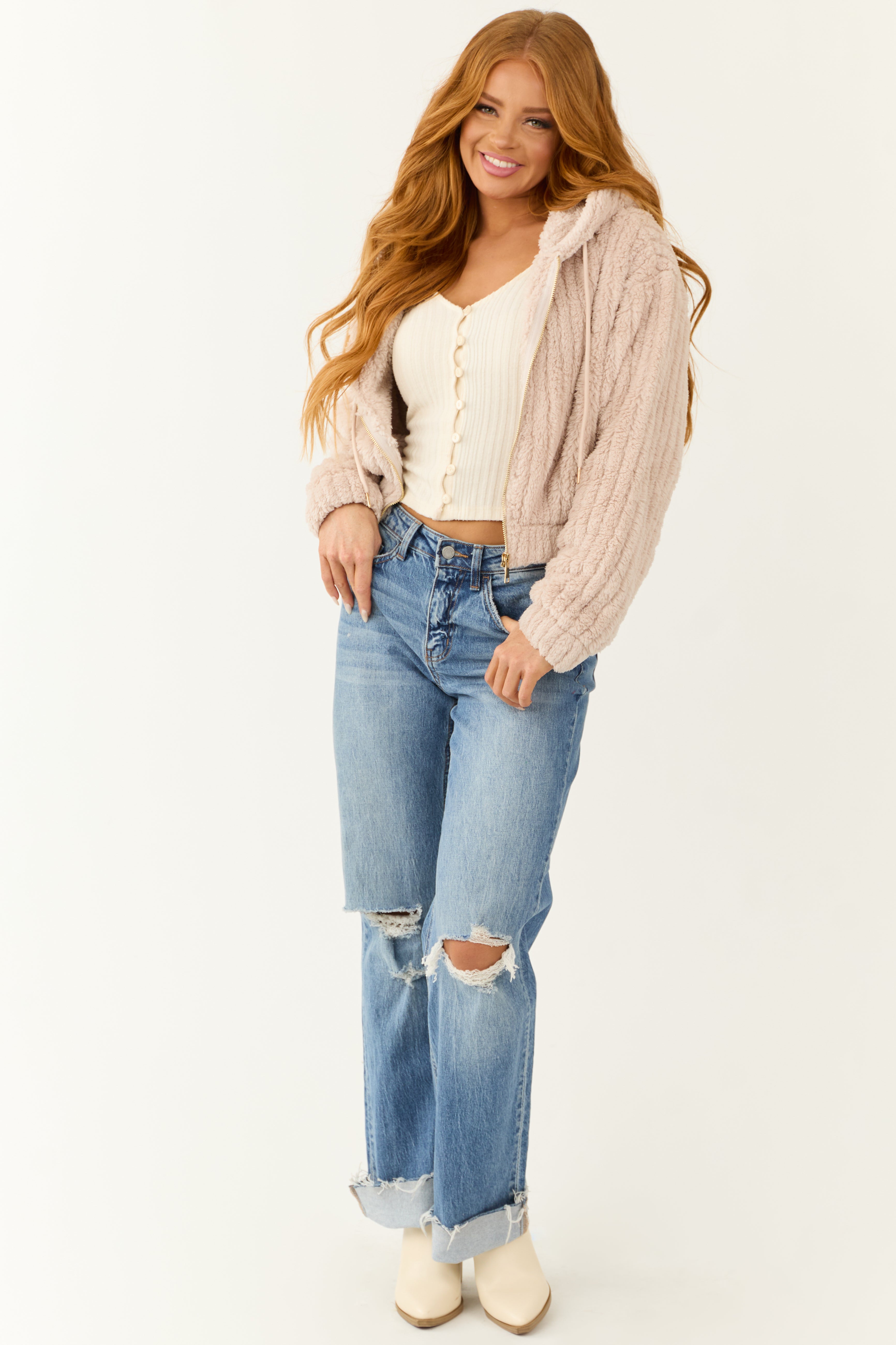 Dusty Blush Hooded Ribbed Faux Fur Jacket-Newayad