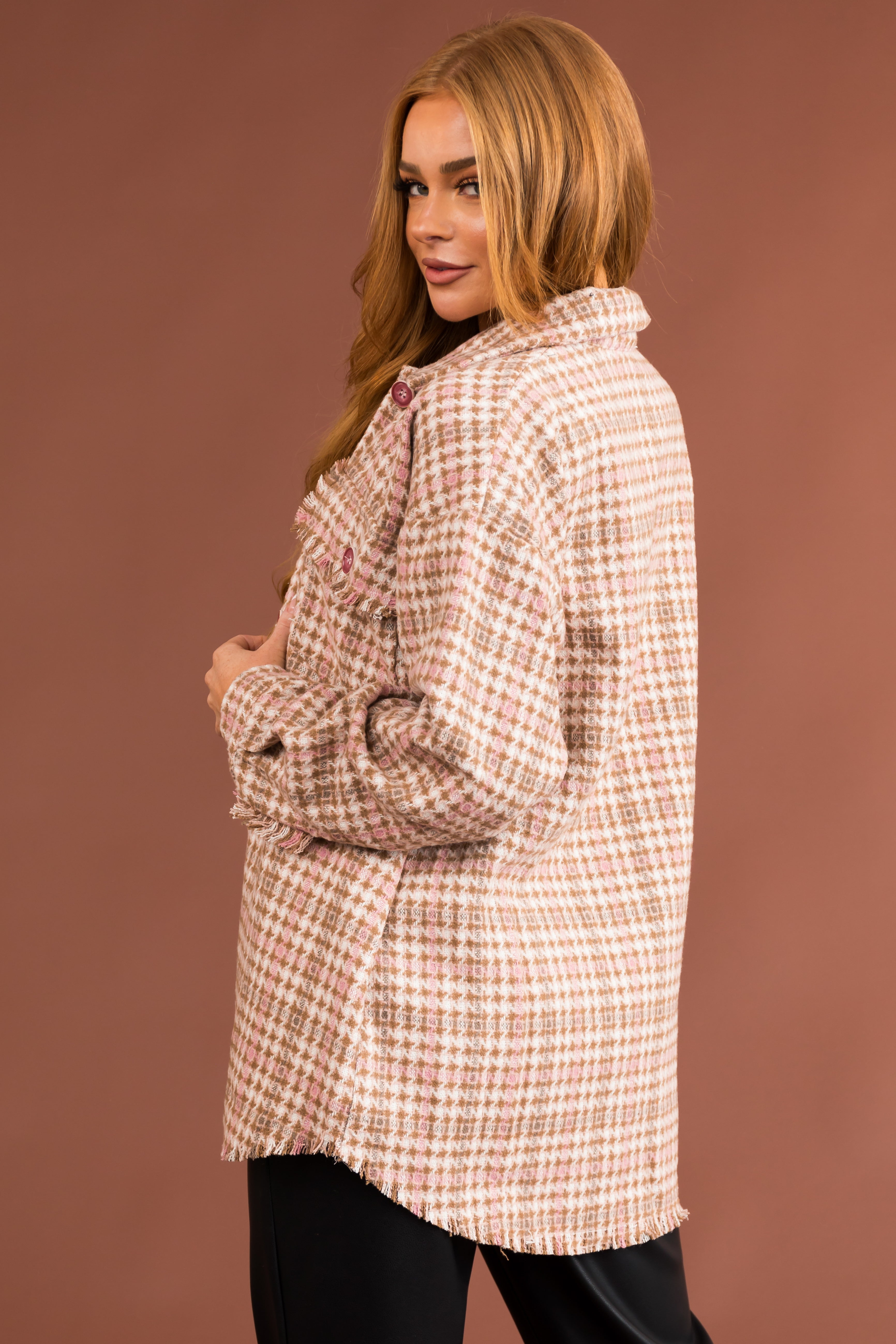 Dusty Blush Houndstooth Button Up Shacket-Newayad