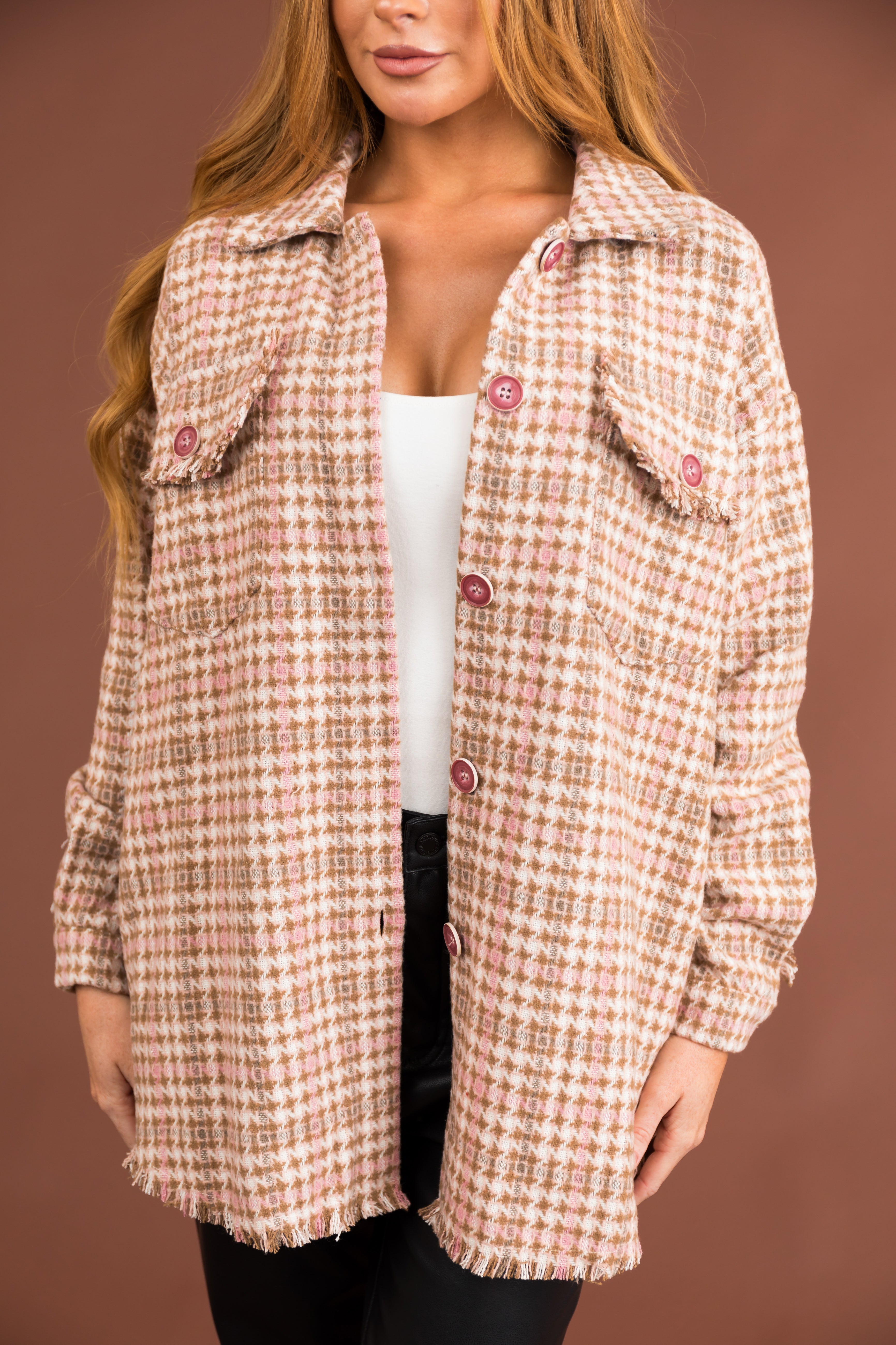 Dusty Blush Houndstooth Button Up Shacket-Newayad