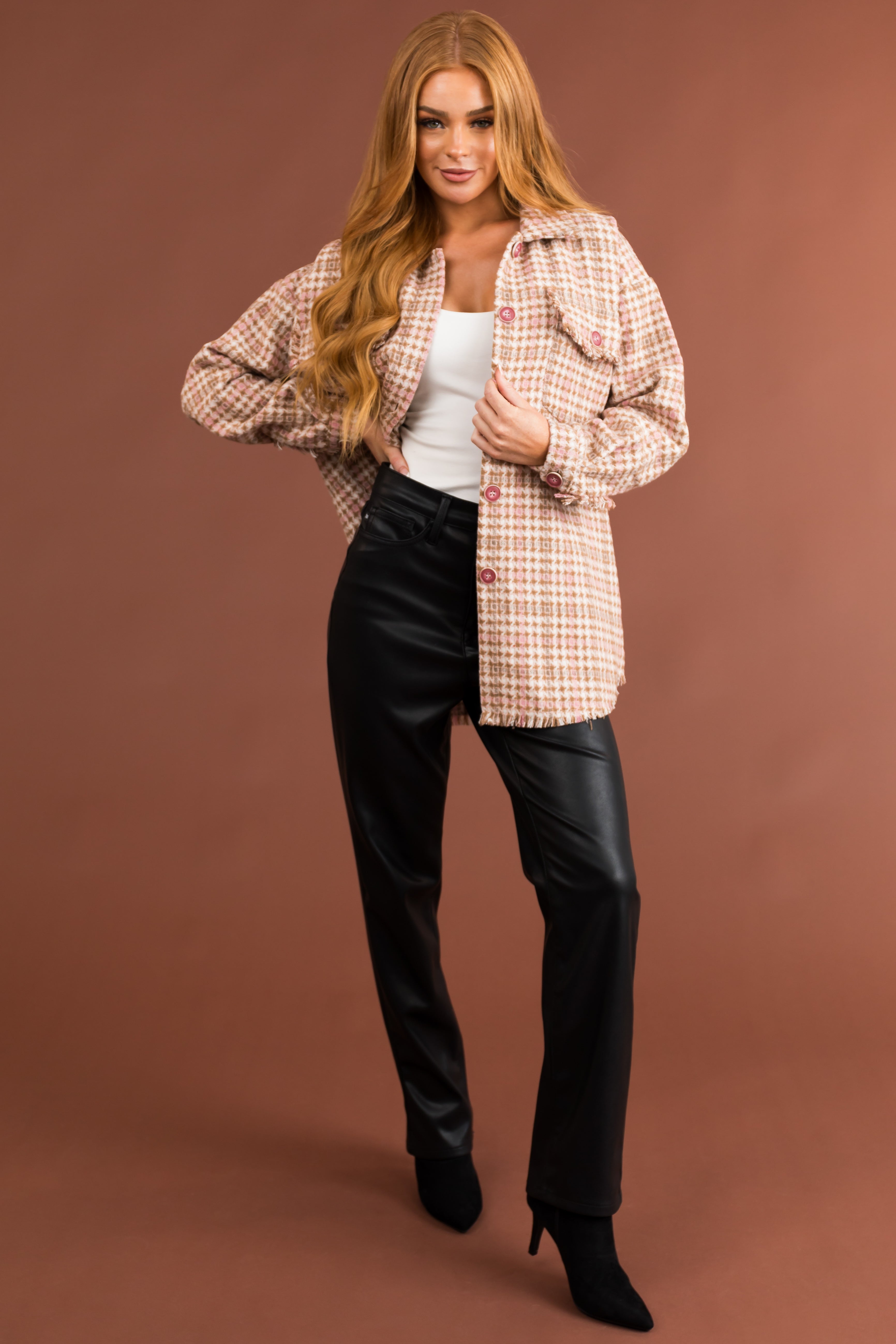 Dusty Blush Houndstooth Button Up Shacket-Newayad
