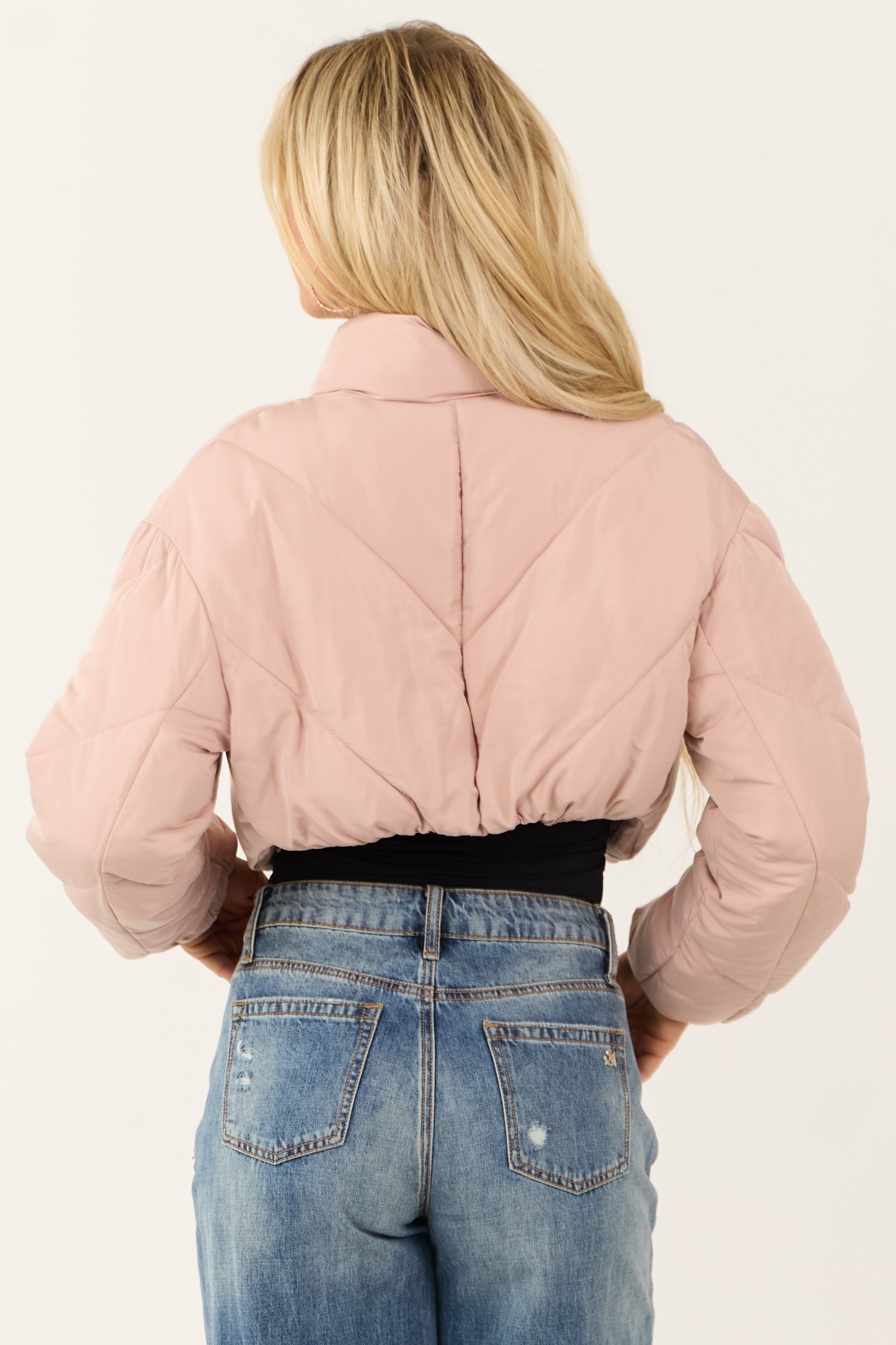 Dusty Blush Super Cropped Zip Up Puffer Jacket-Newayad