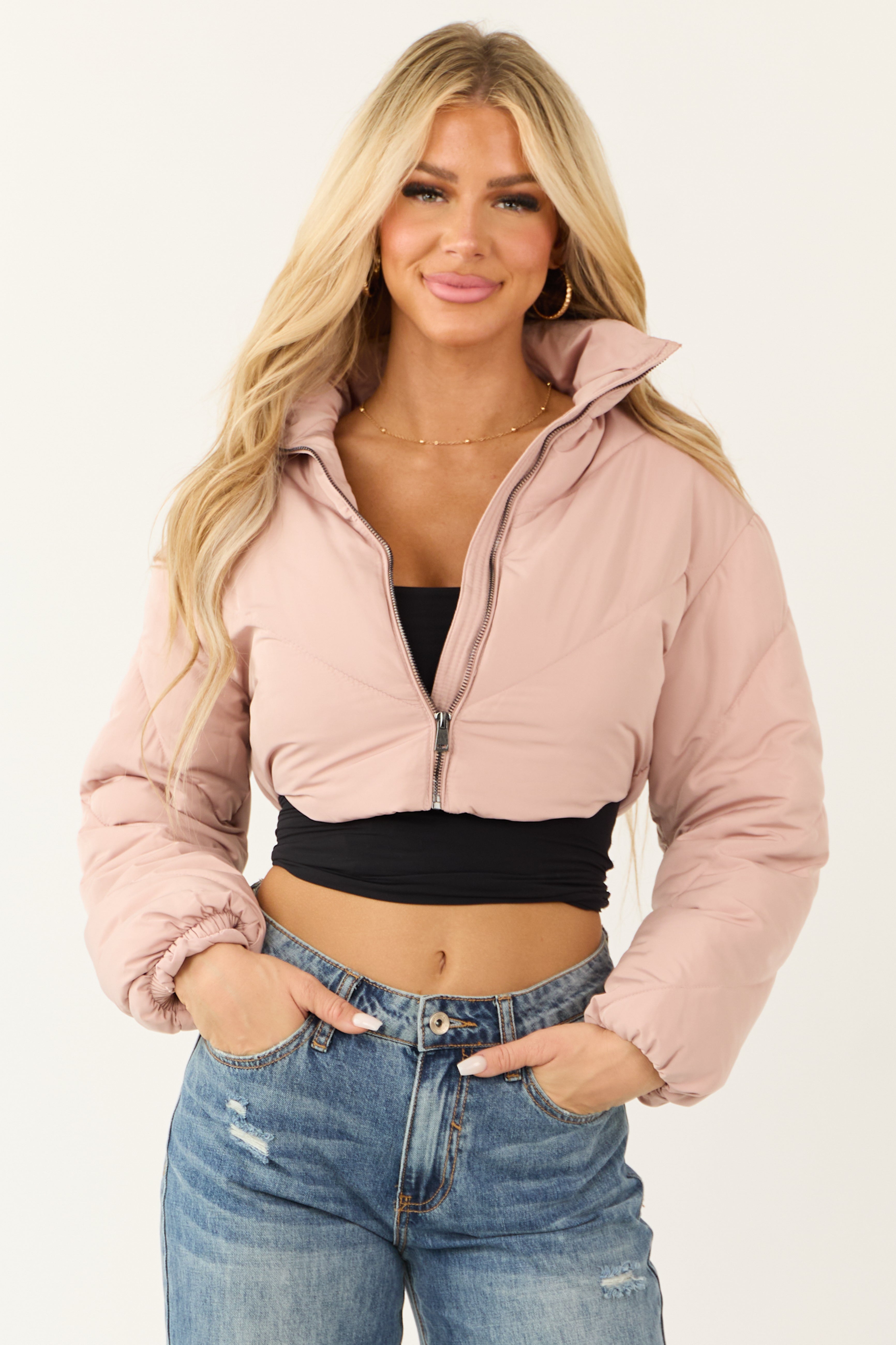 Dusty Blush Super Cropped Zip Up Puffer Jacket-Newayad
