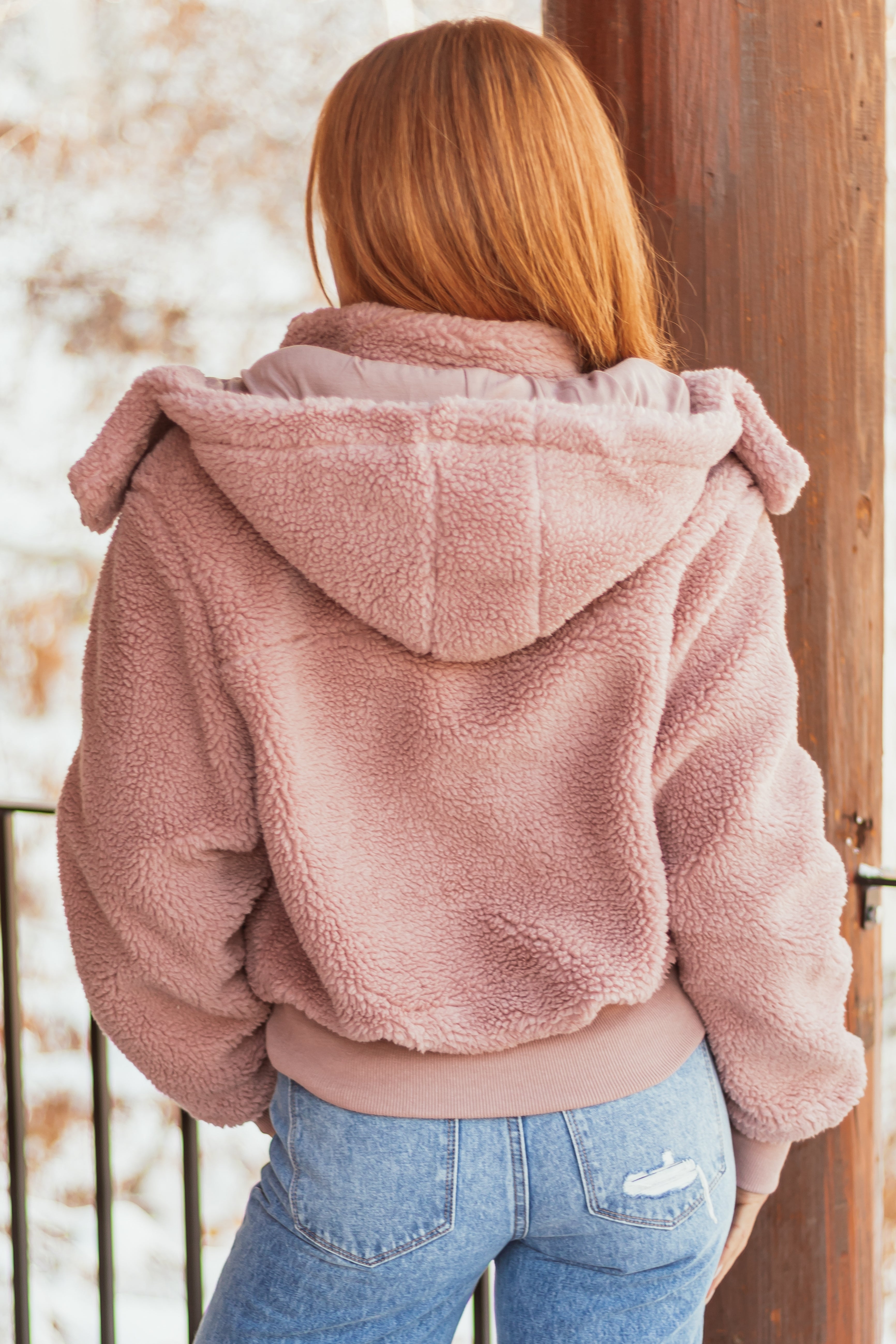 Dusty Blush Teddy Bomber Jacket with Removable Hood-Newayad