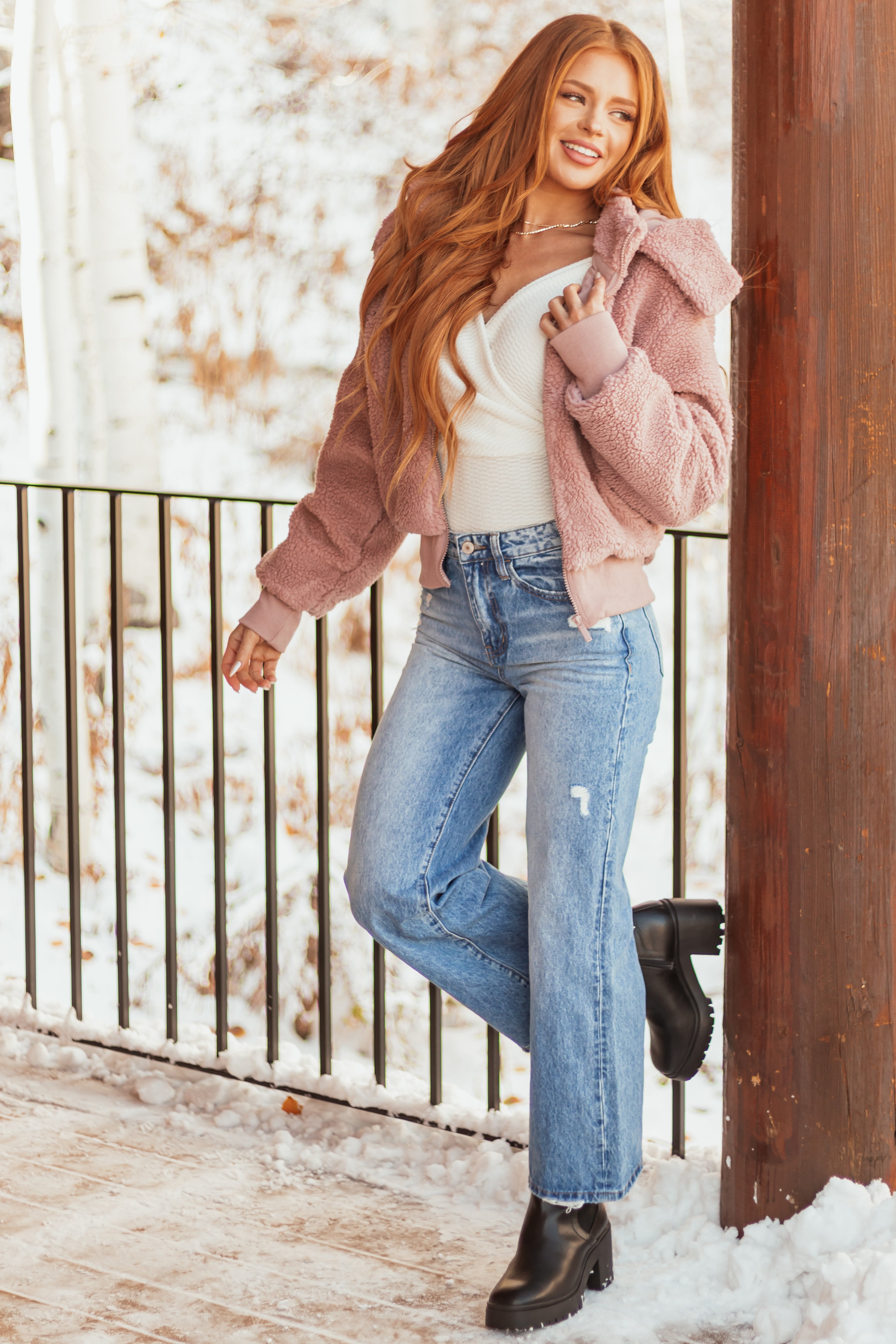 Dusty Blush Teddy Bomber Jacket with Removable Hood-Newayad
