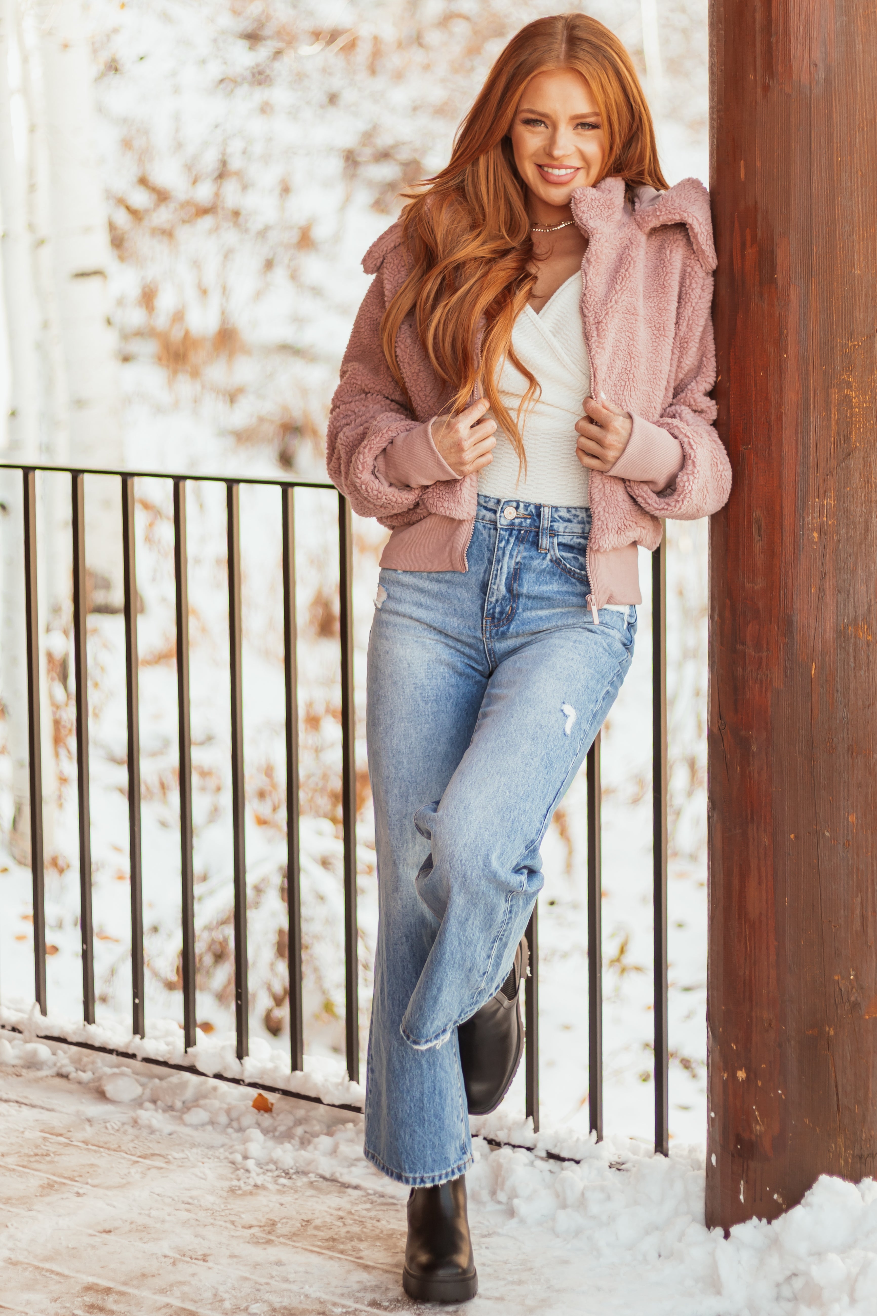 Dusty Blush Teddy Bomber Jacket with Removable Hood-Newayad