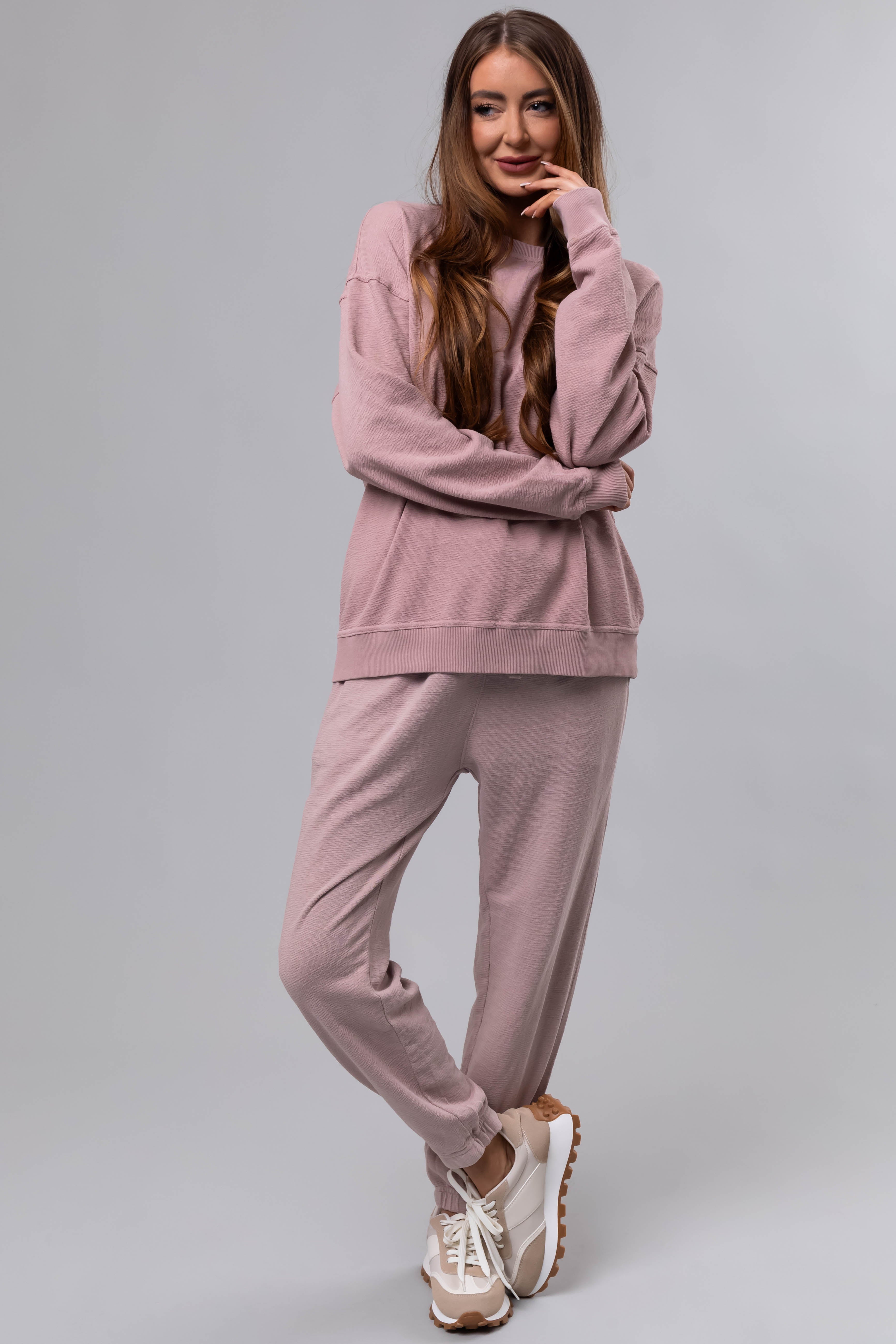 Dusty Blush Textured Knit Drawstring Joggers-Newayad