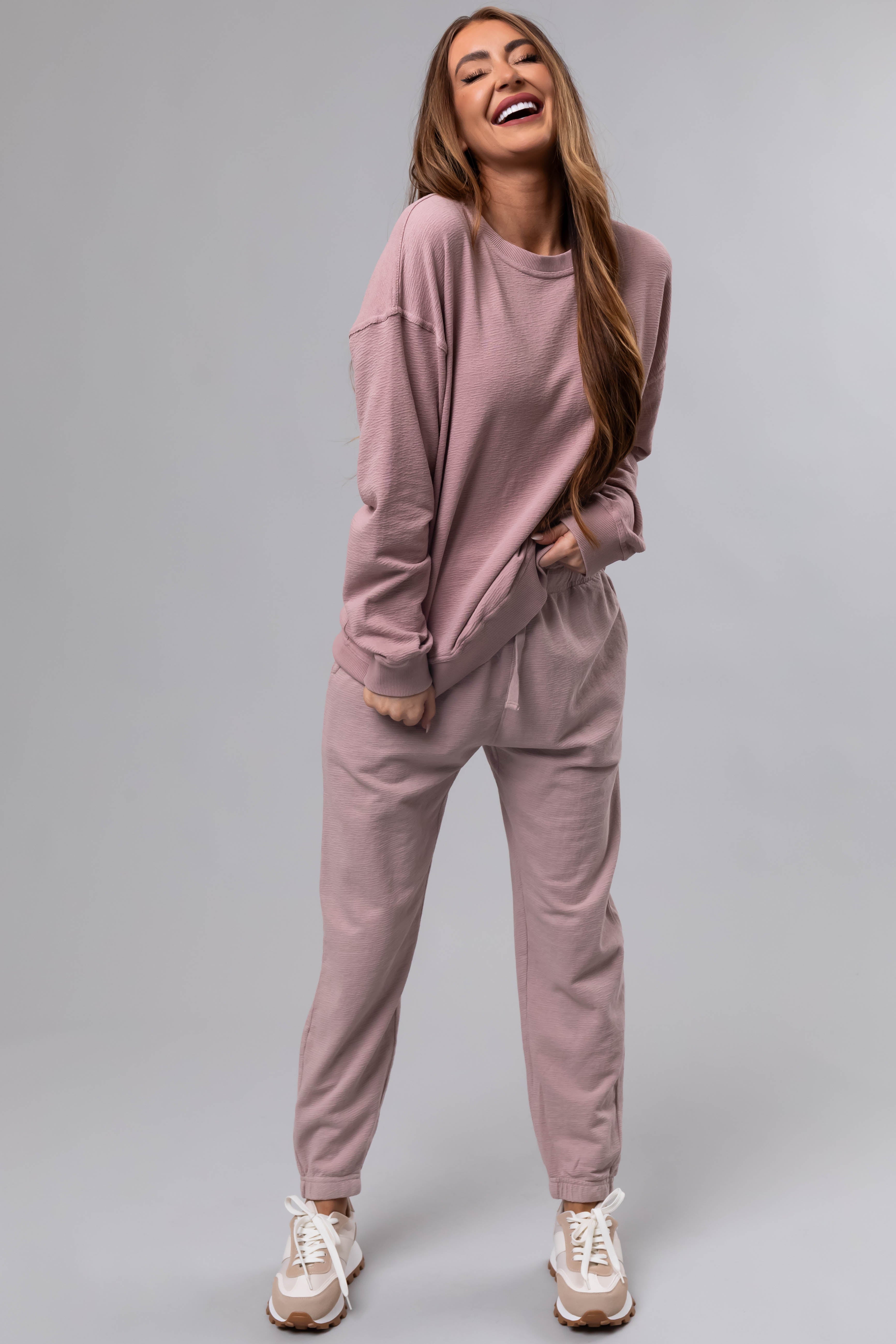 Dusty Blush Textured Knit Drawstring Joggers-Newayad