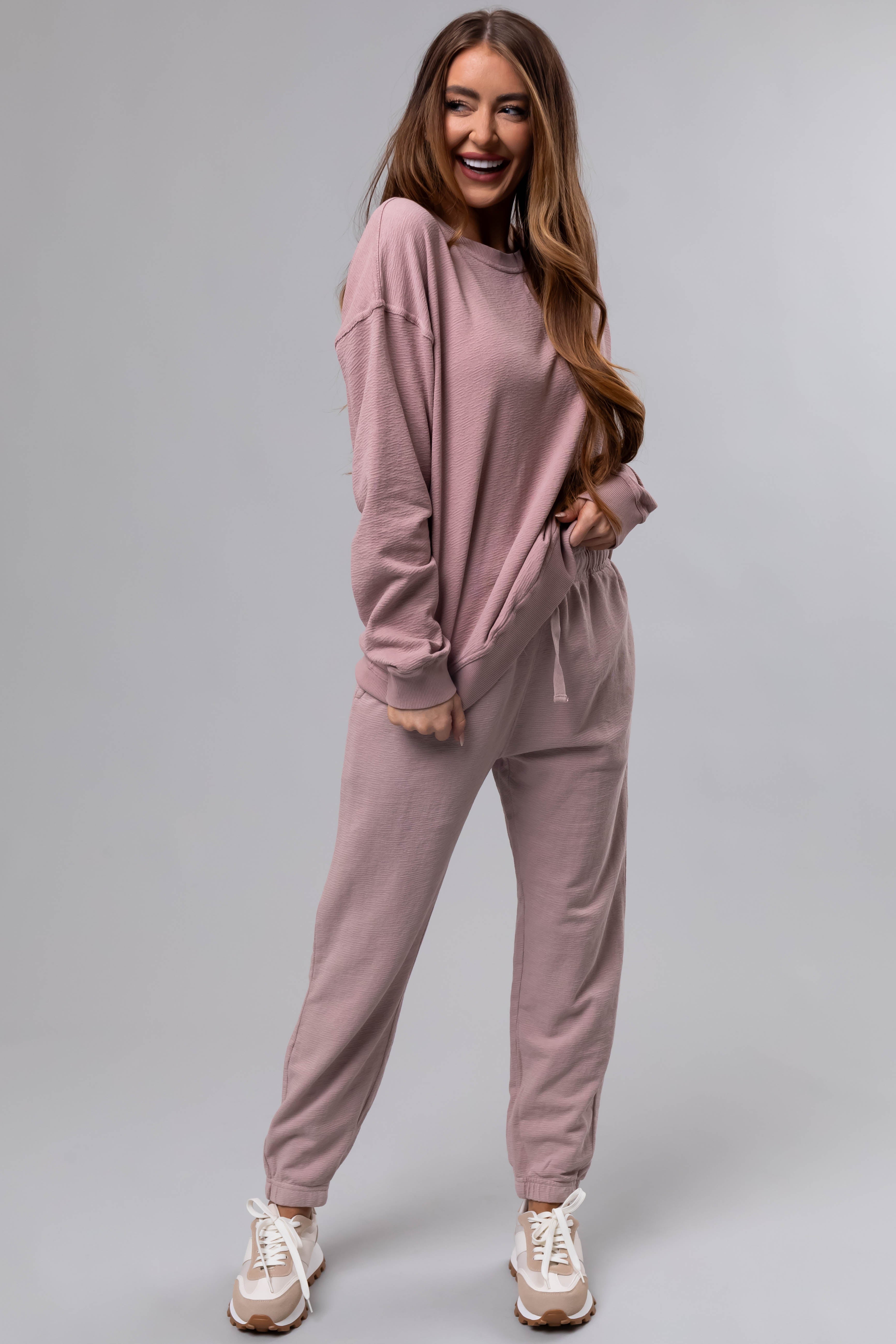 Dusty Blush Textured Knit Drawstring Joggers-Newayad