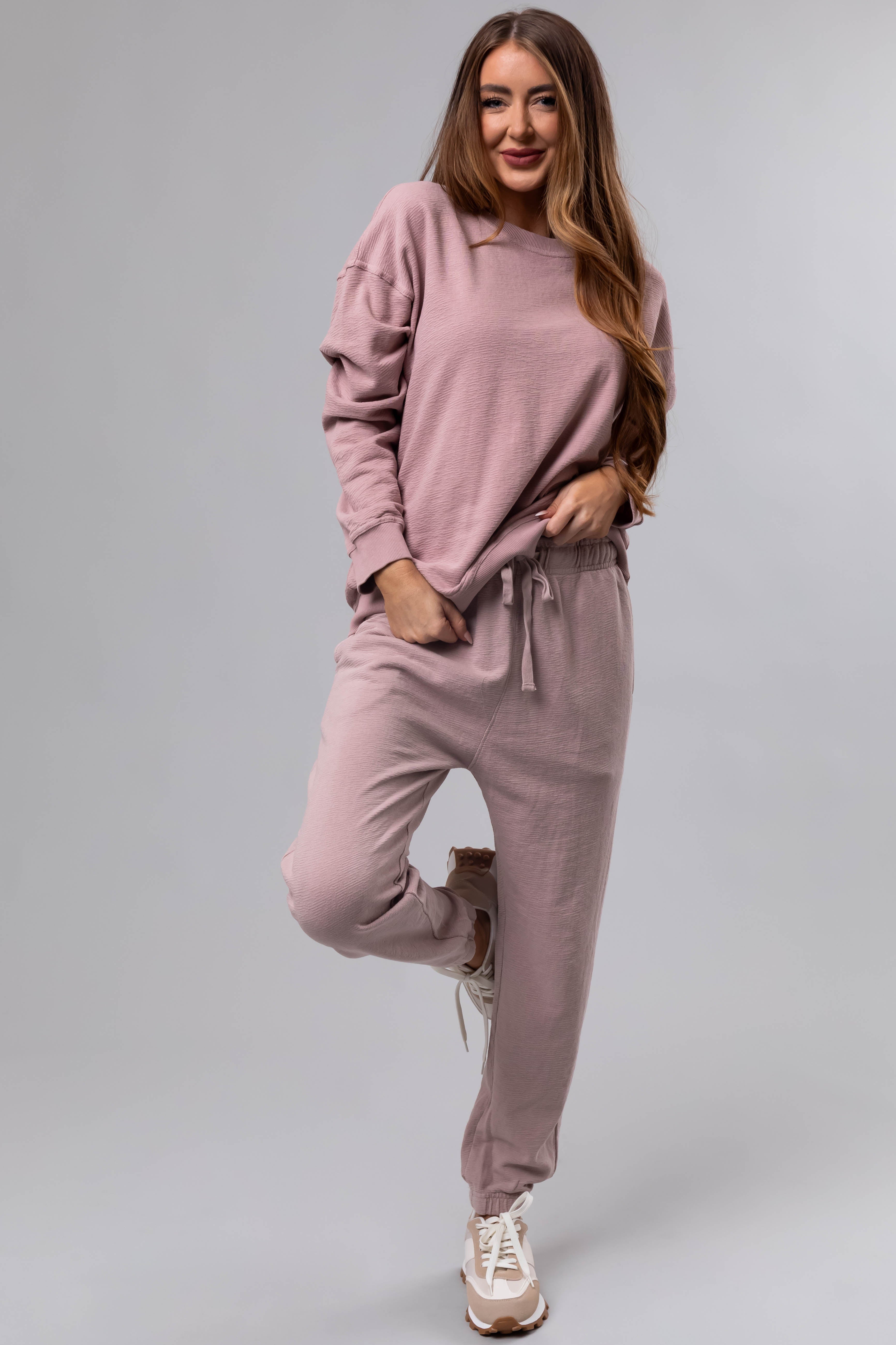 Dusty Blush Textured Knit Drawstring Joggers-Newayad