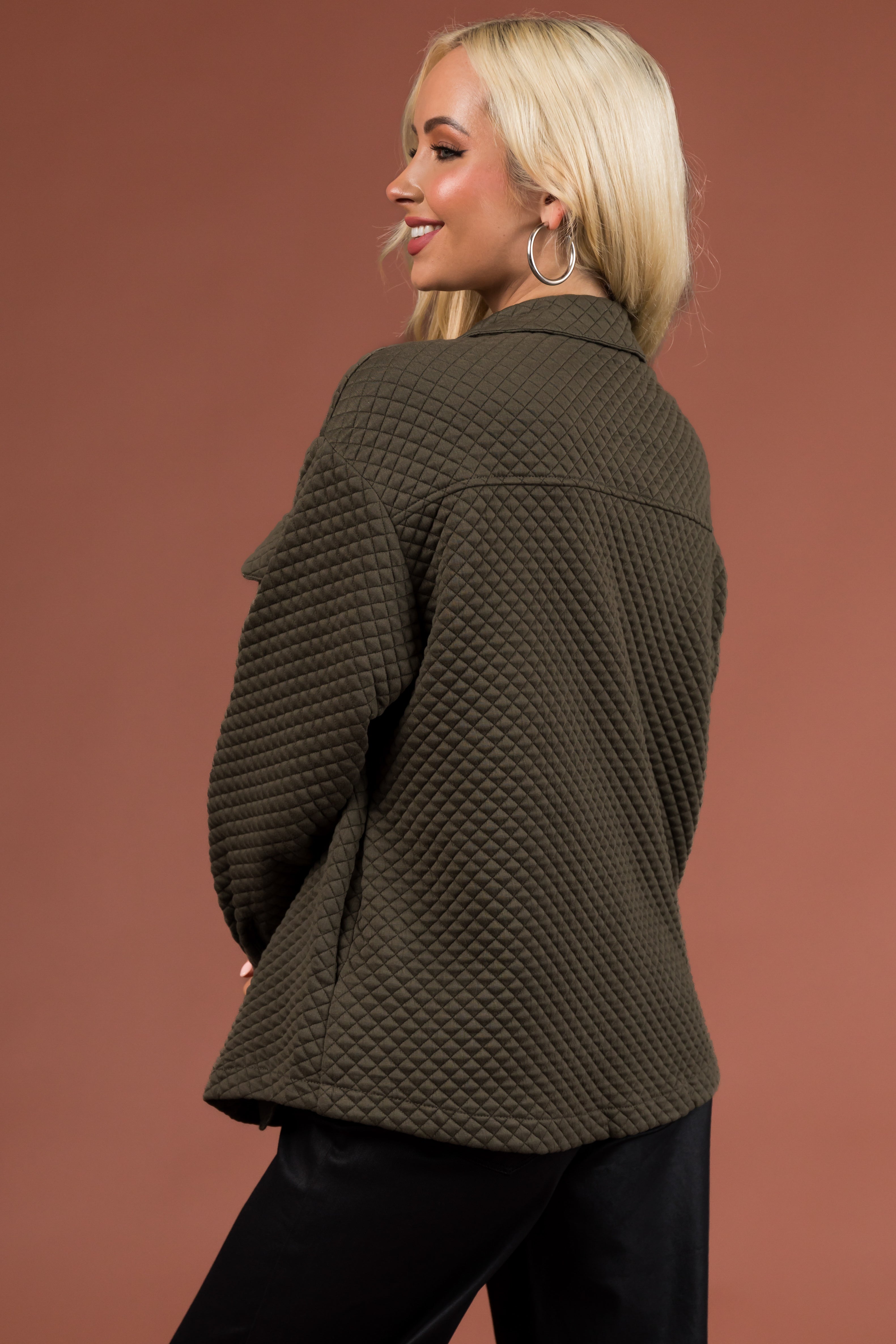 Dusty Olive Lattice Quilted Chest Pocket Shacket-Newayad
