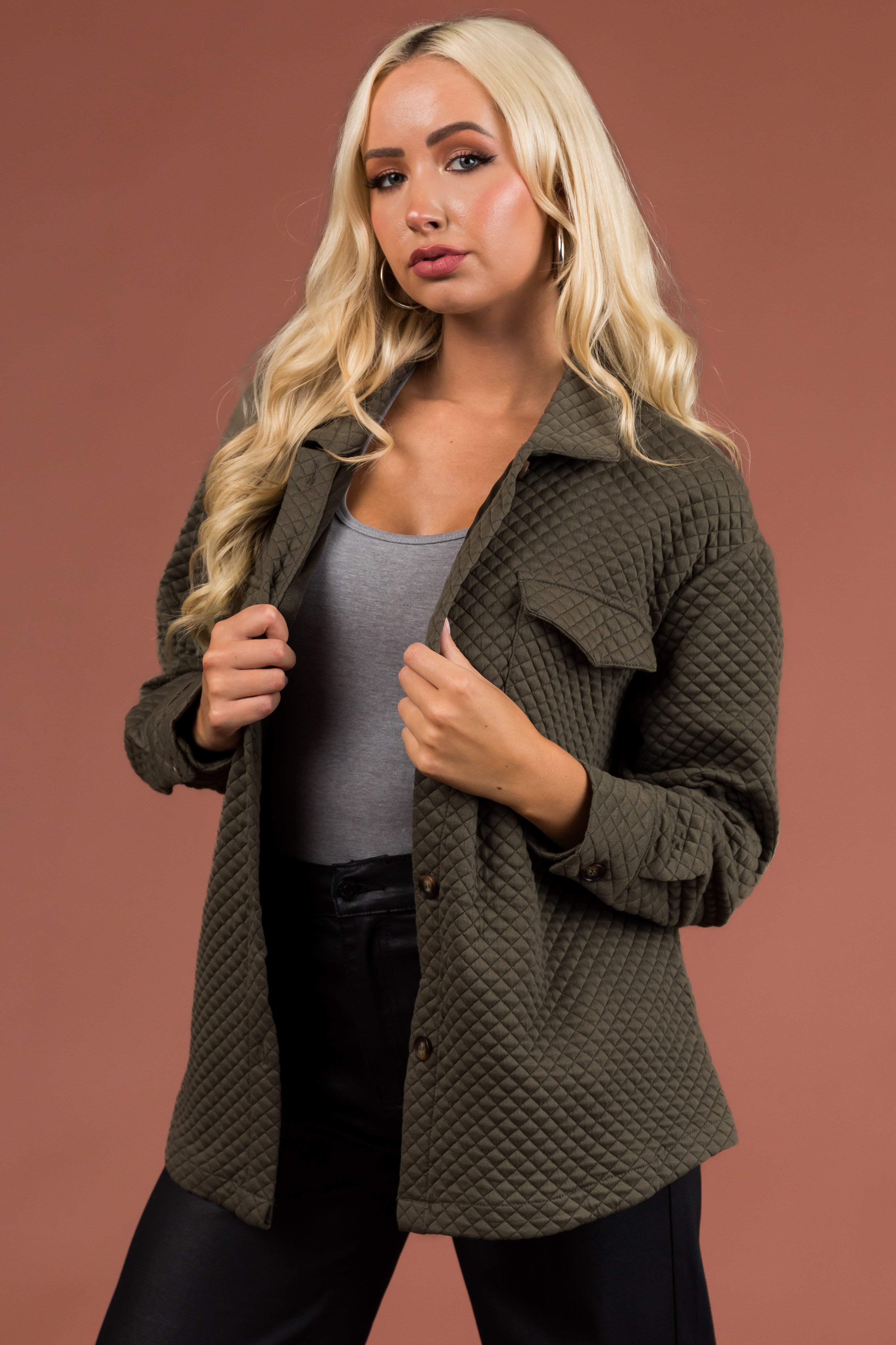 Dusty Olive Lattice Quilted Chest Pocket Shacket-Newayad