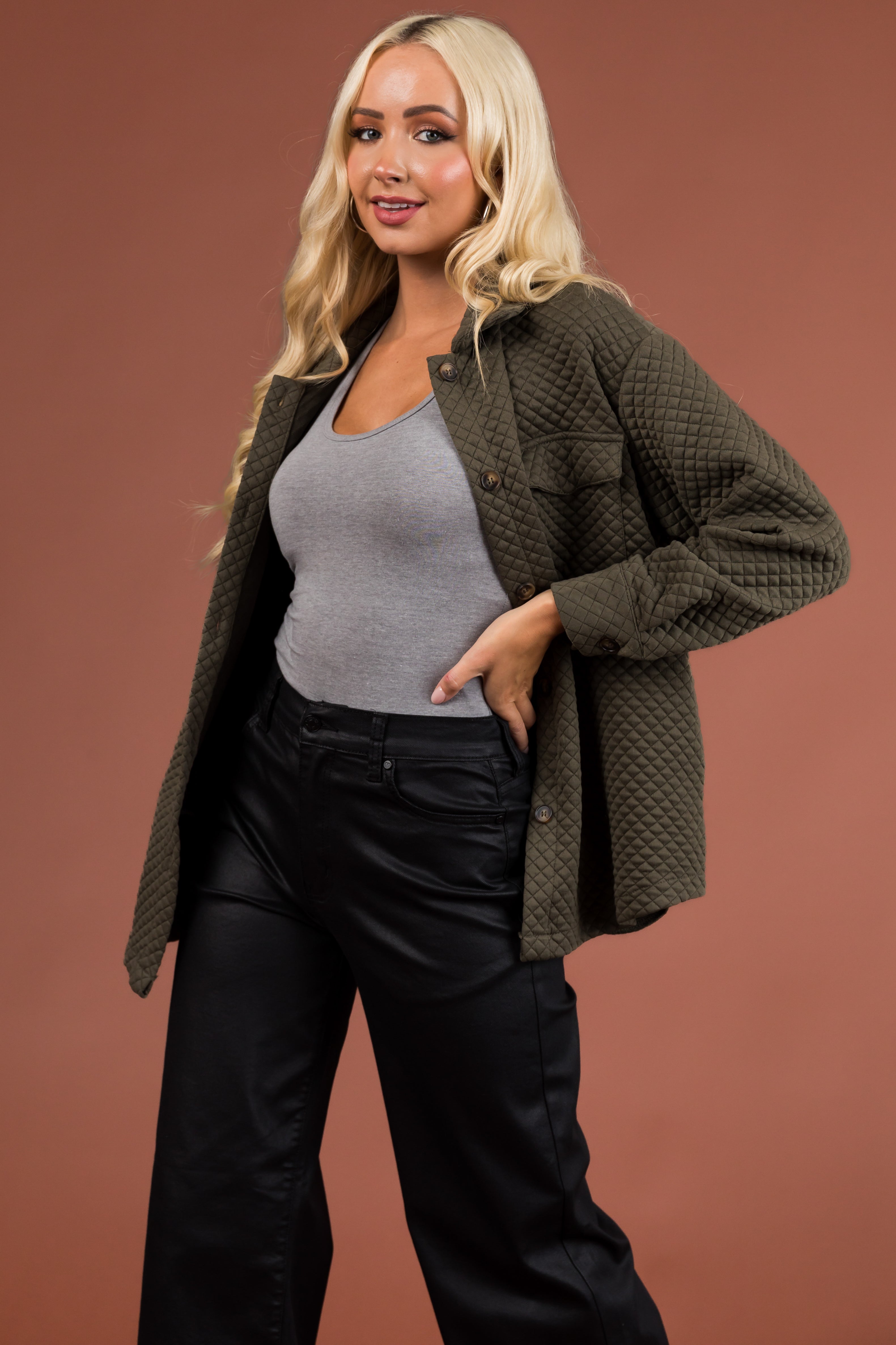 Dusty Olive Lattice Quilted Chest Pocket Shacket-Newayad