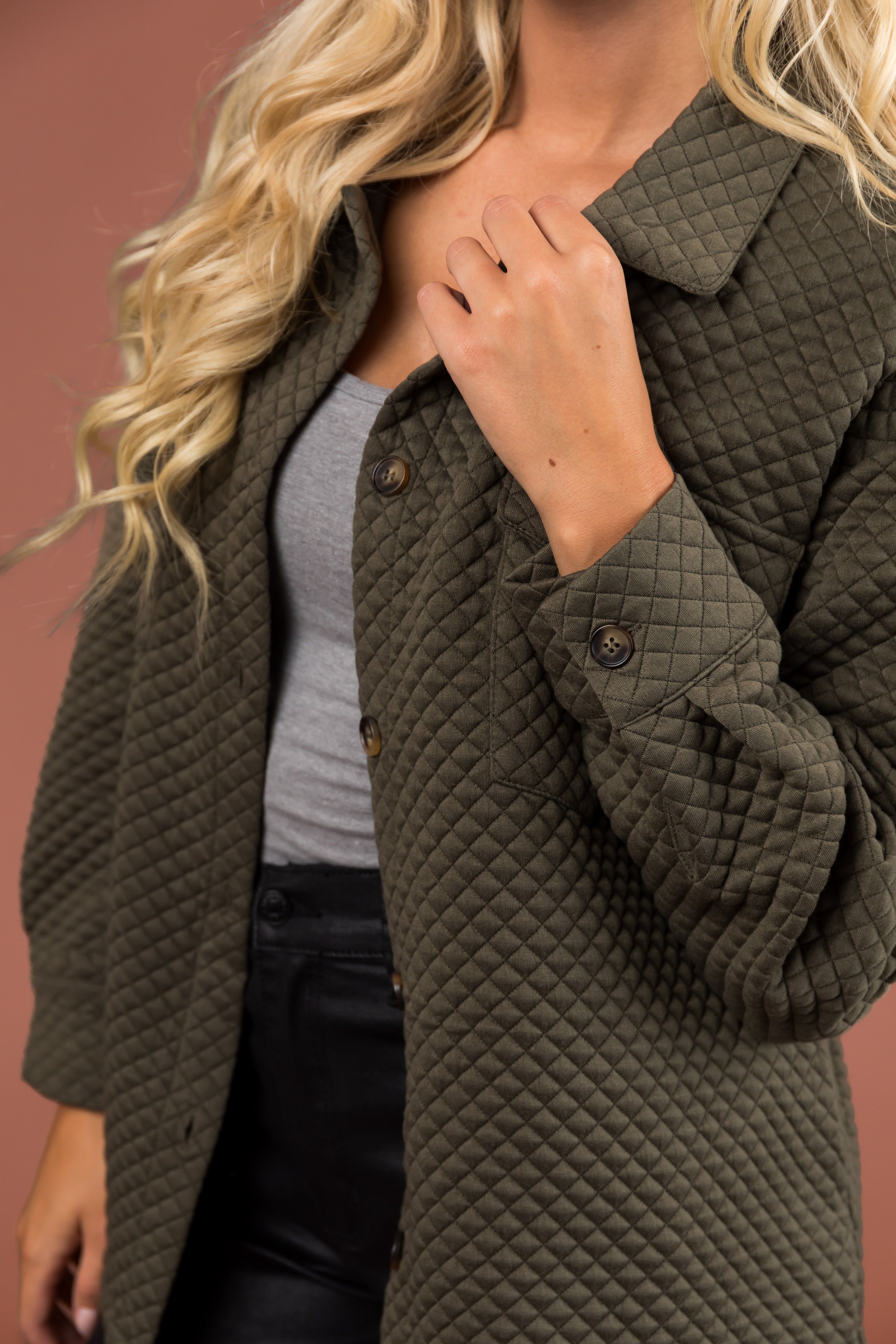 Dusty Olive Lattice Quilted Chest Pocket Shacket-Newayad