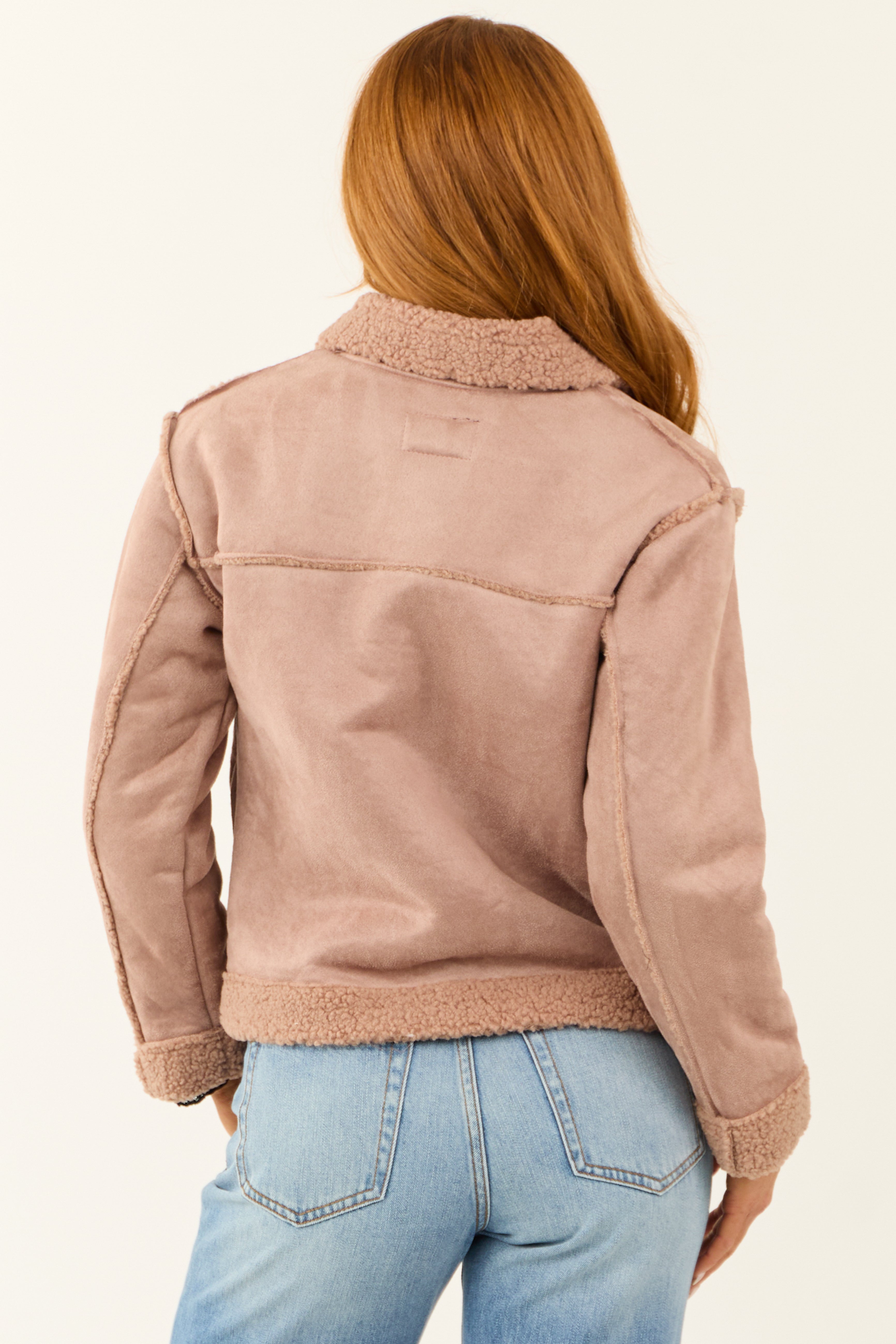Dusty Rose Faux Suede Sherpa Lined Jacket-Newayad