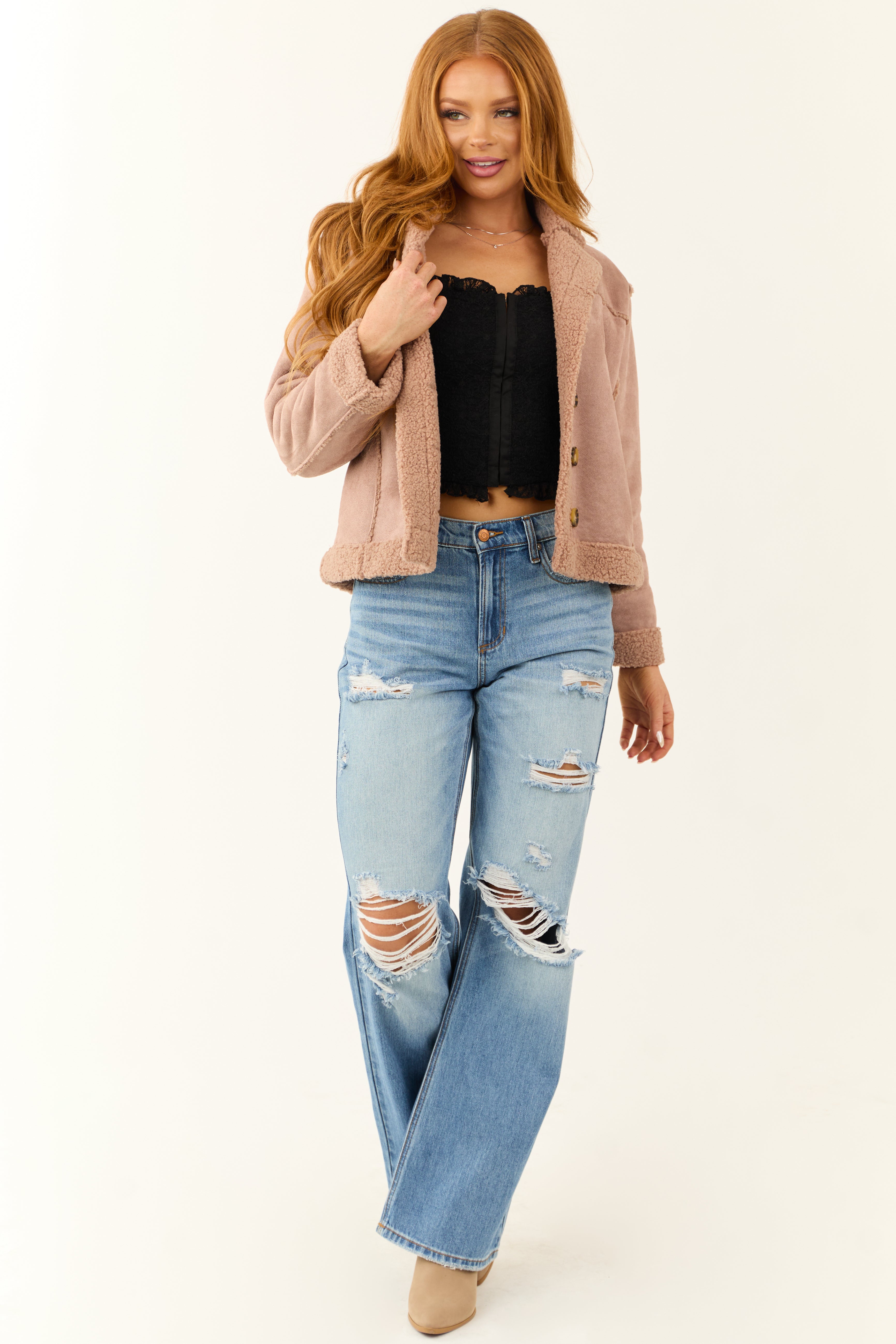 Dusty Rose Faux Suede Sherpa Lined Jacket-Newayad
