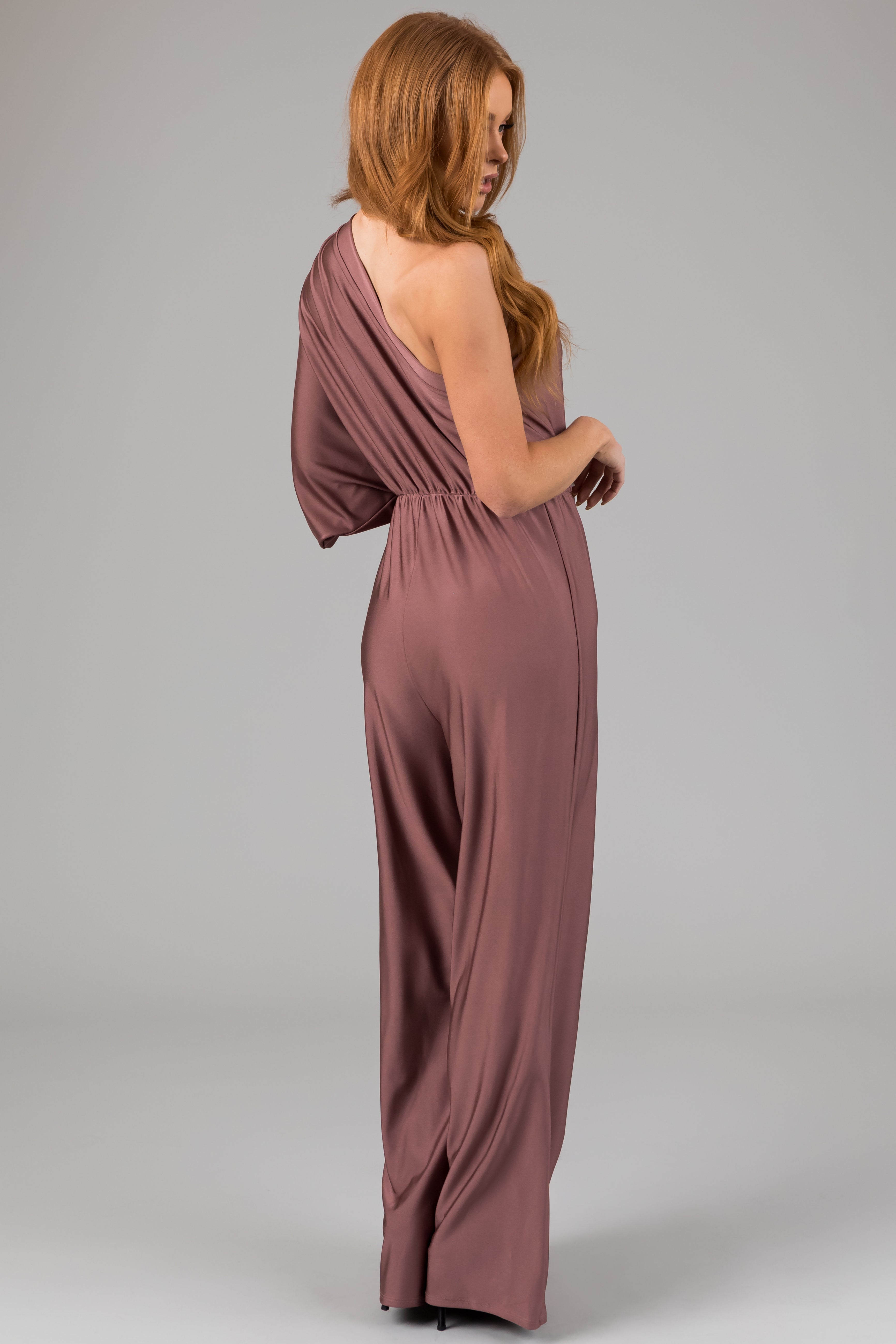 Dusty Rose One Shoulder Elastic Waist Satin Jumpsuit-Newayad