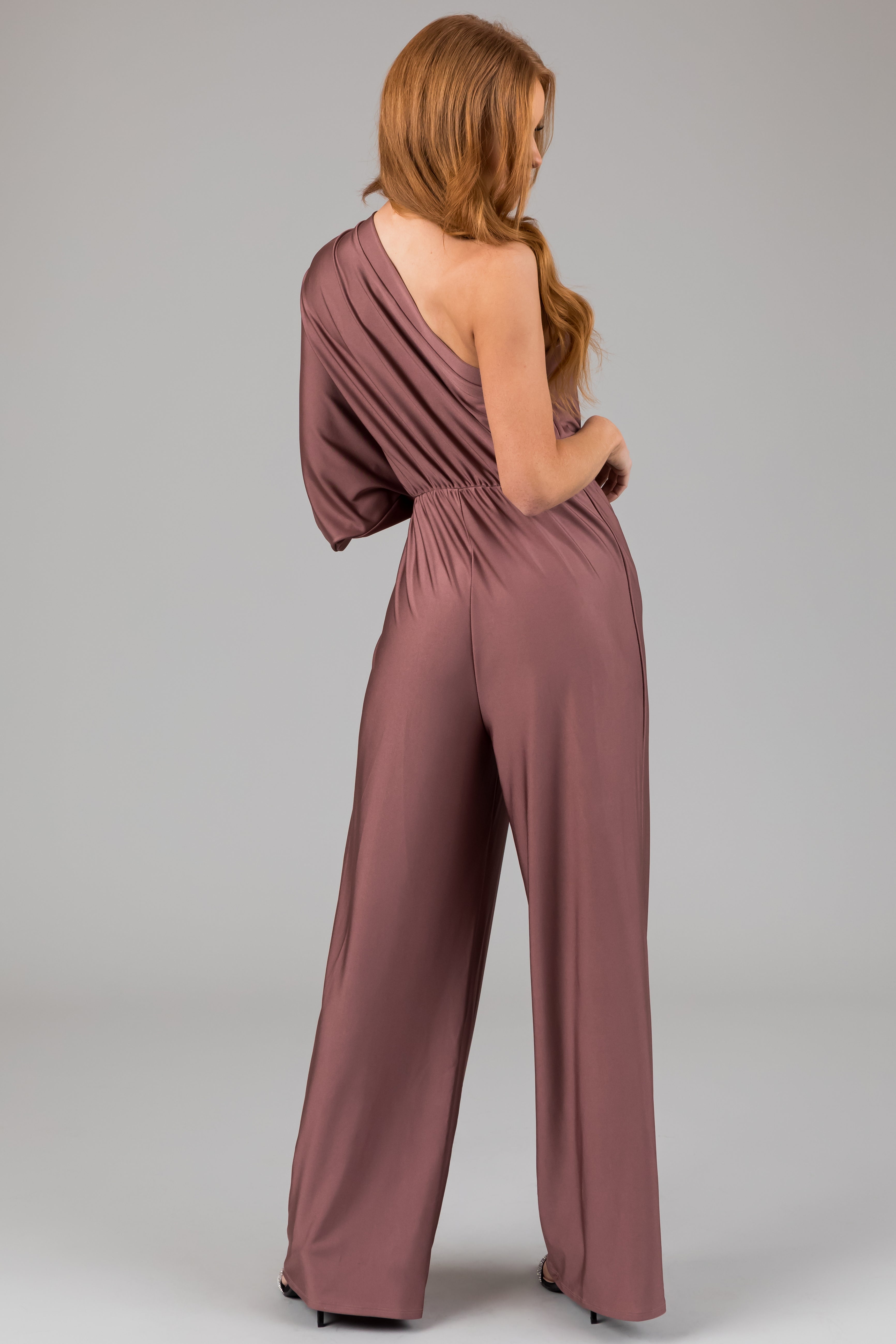 Dusty Rose One Shoulder Elastic Waist Satin Jumpsuit-Newayad