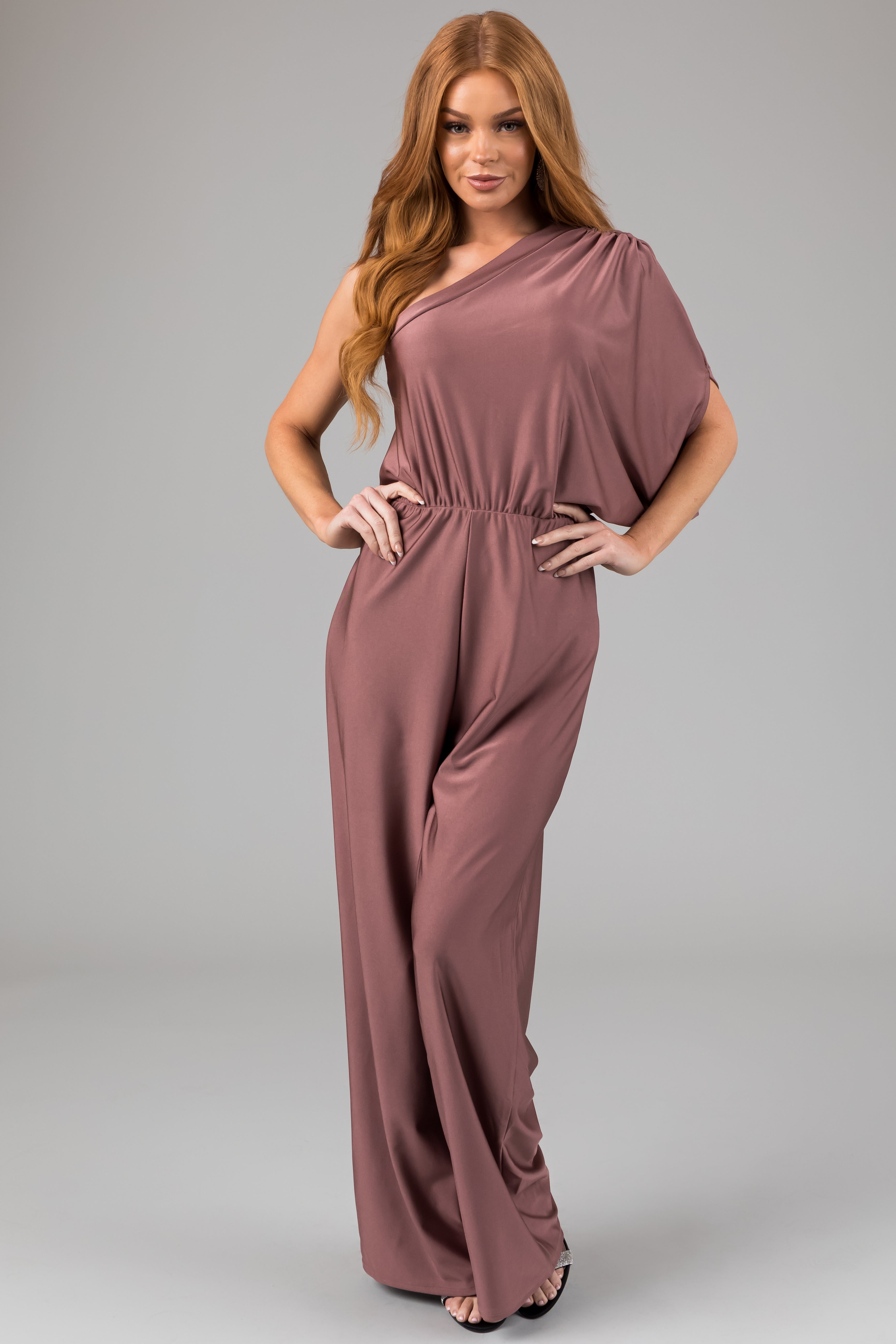 Dusty Rose One Shoulder Elastic Waist Satin Jumpsuit-Newayad