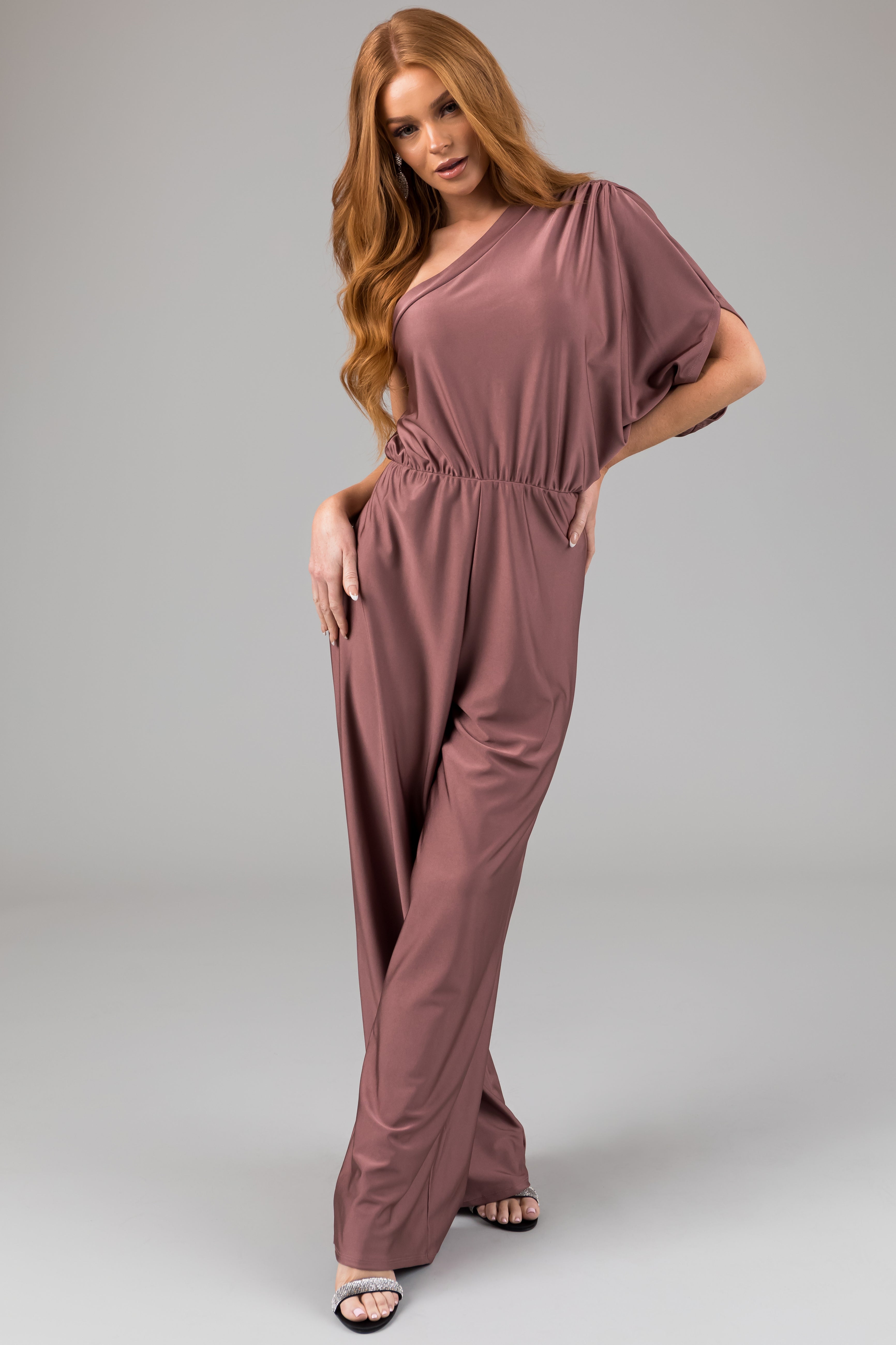 Dusty Rose One Shoulder Elastic Waist Satin Jumpsuit-Newayad
