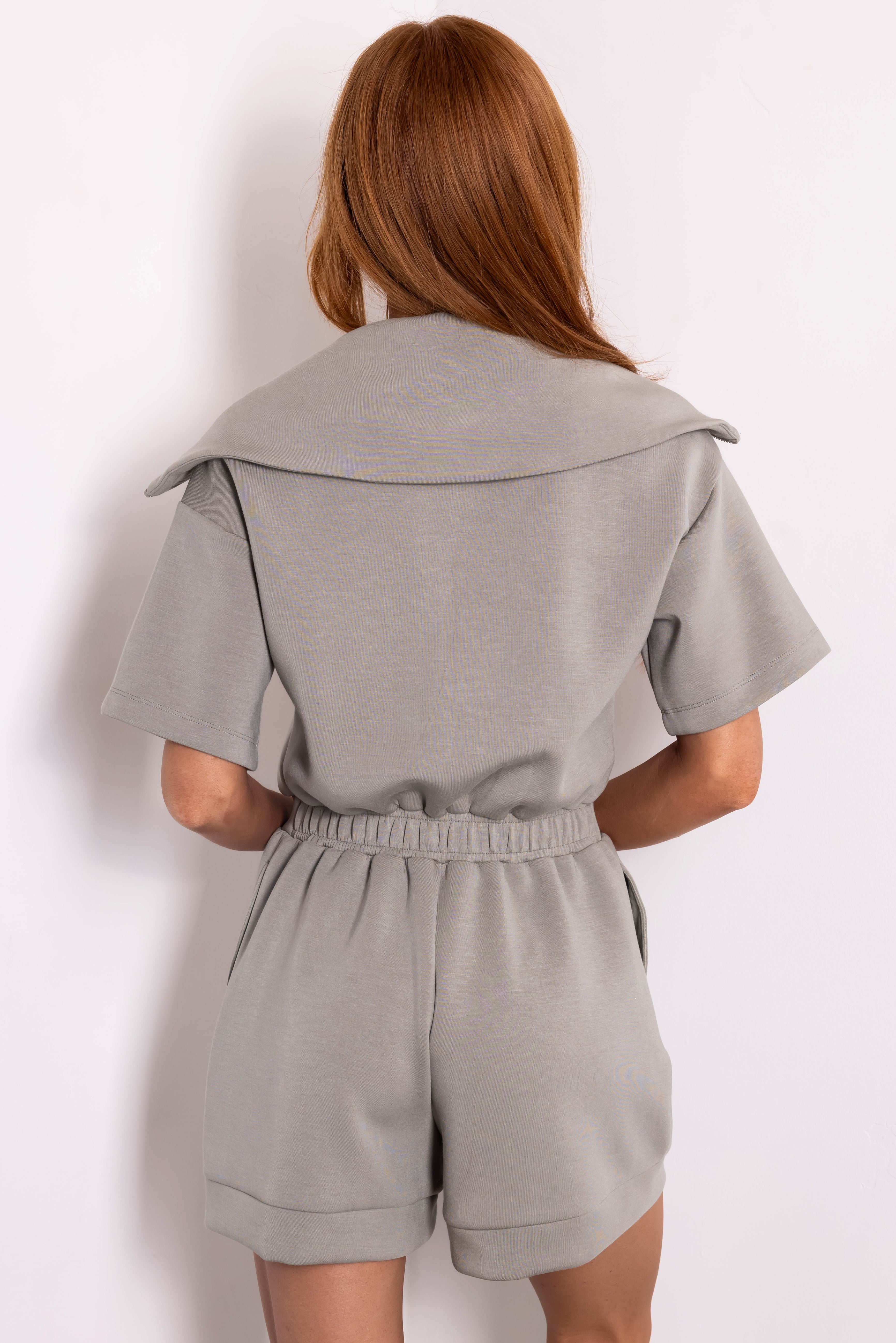 Dusty Sage Short Sleeve Zip Up Romper-Newayad